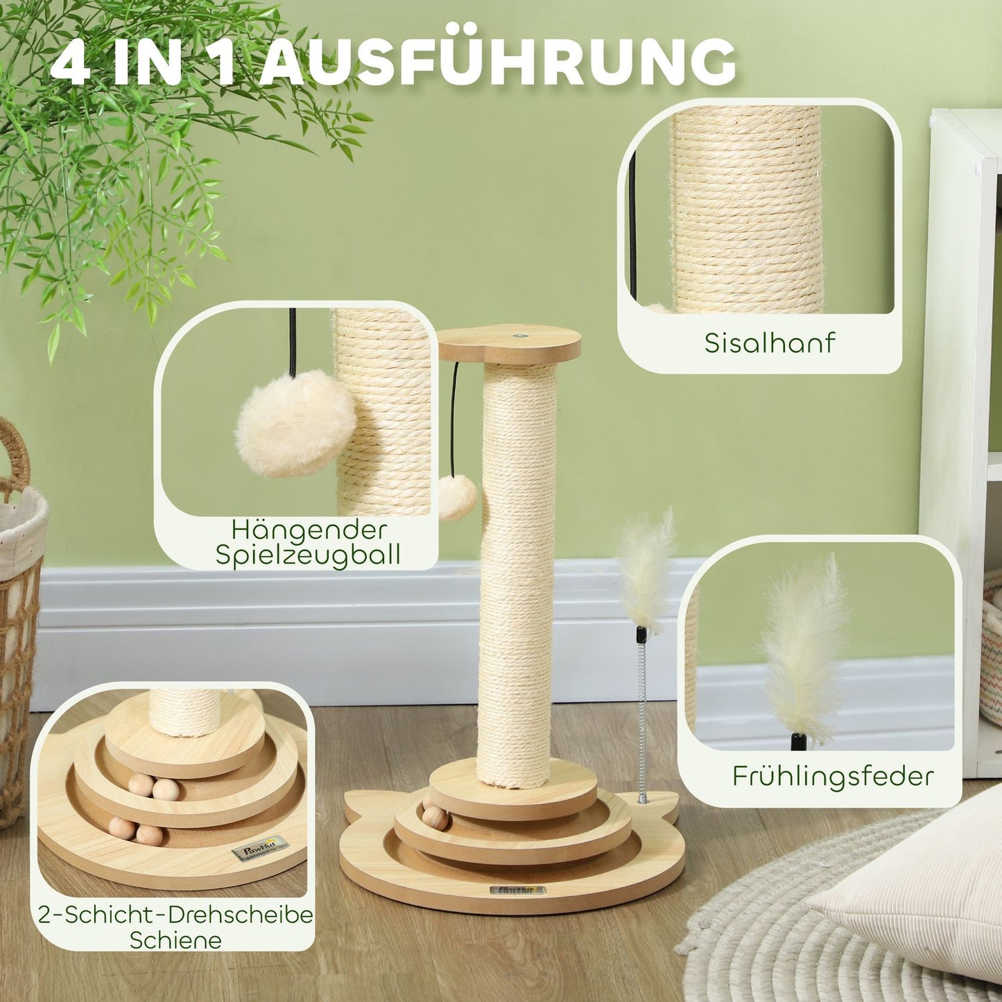 Sisal Cat Scratching Post with Play Ball, Oak, 49cm