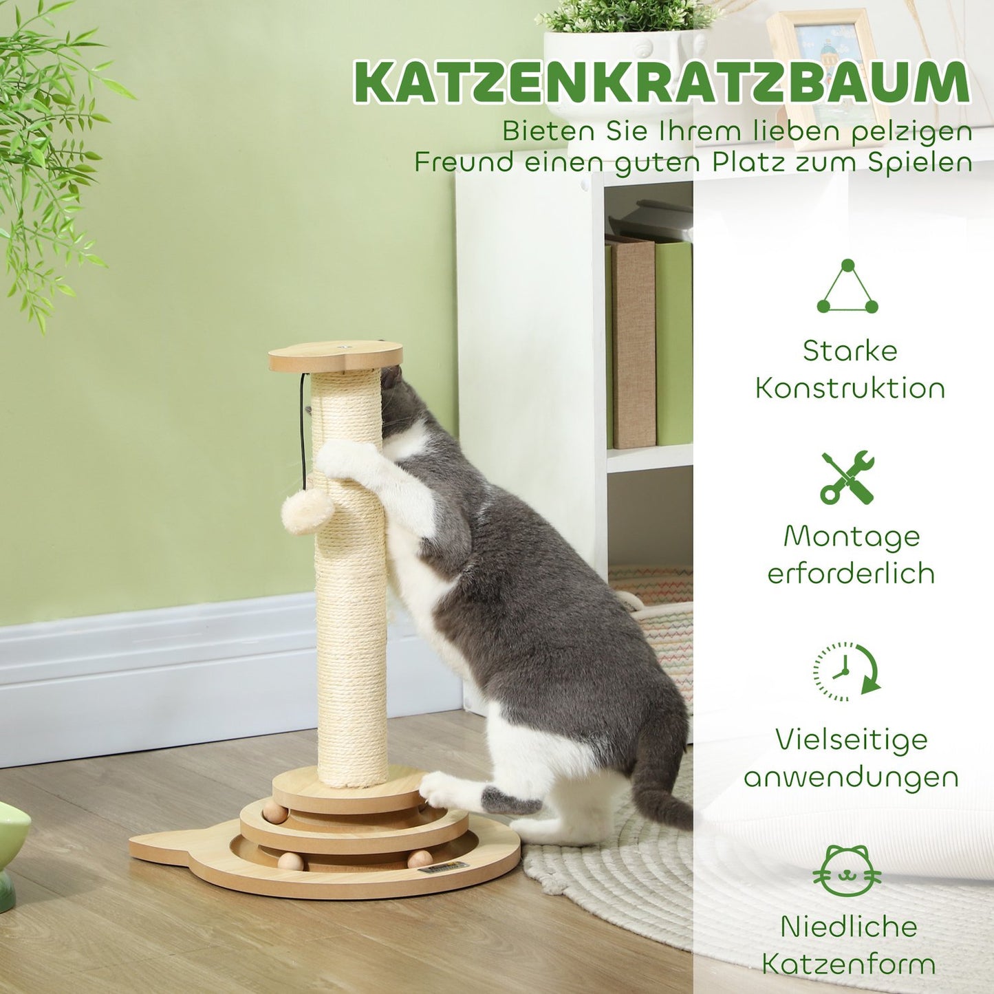 Sisal Cat Scratching Post with Play Ball, Oak, 49cm