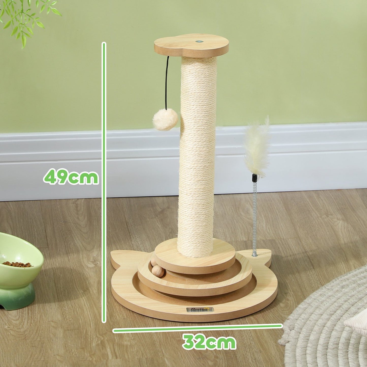 Sisal Cat Scratching Post with Play Ball, Oak, 49cm