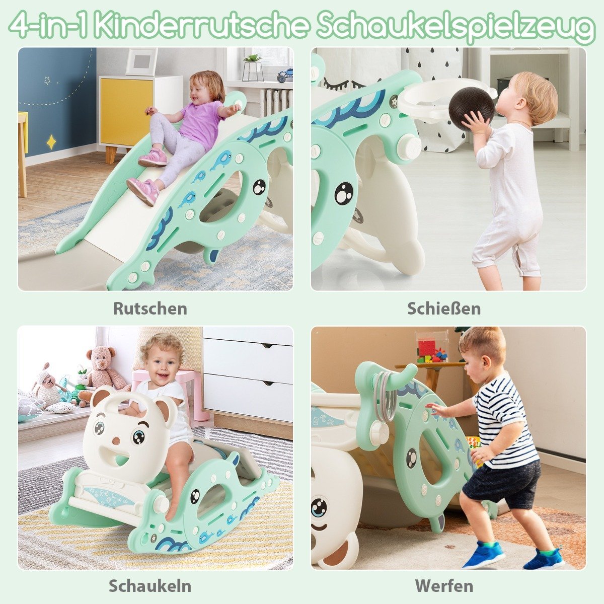 4-in-1 slide toy for children with basketball hoop & ring game green