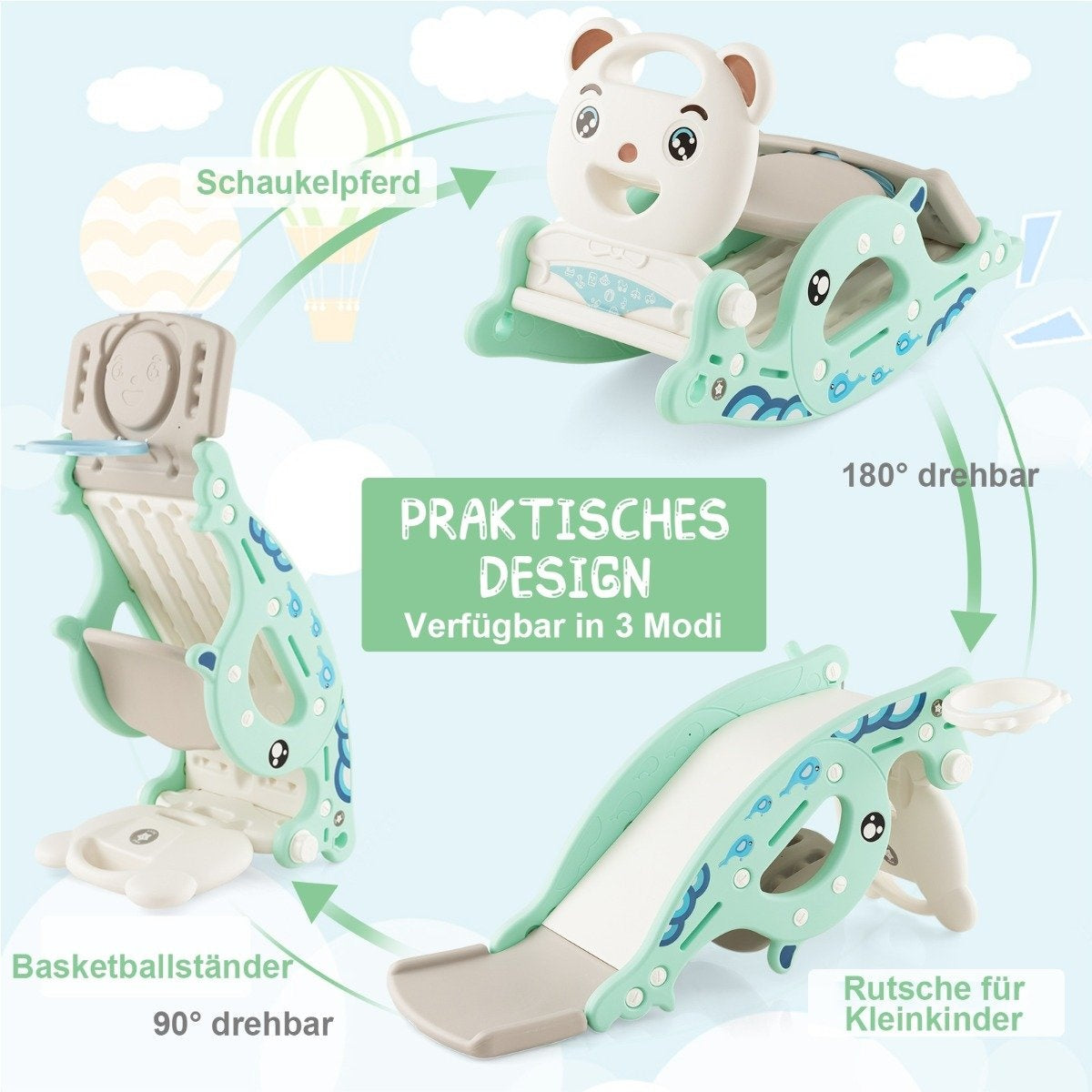 4-in-1 slide toy for children with basketball hoop & ring game green