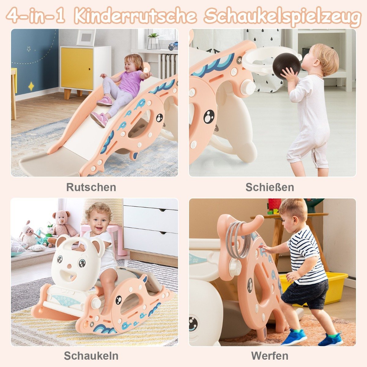 4-in-1 slide toy for children with basketball hoop & ring game pink