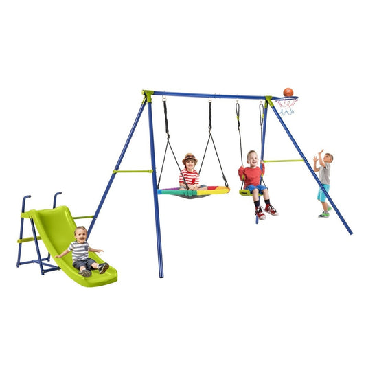 4-in-1 swing set for 3-12 year olds. Robust metal playset with slide