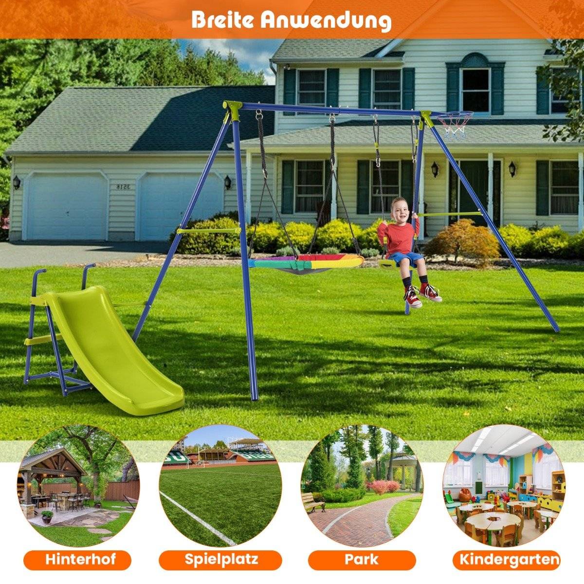 4-in-1 swing set for 3-12 year olds. Robust metal playset with slide