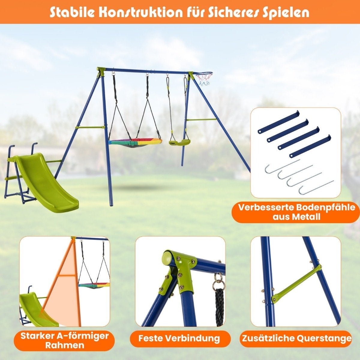 4-in-1 swing set for 3-12 year olds. Robust metal playset with slide