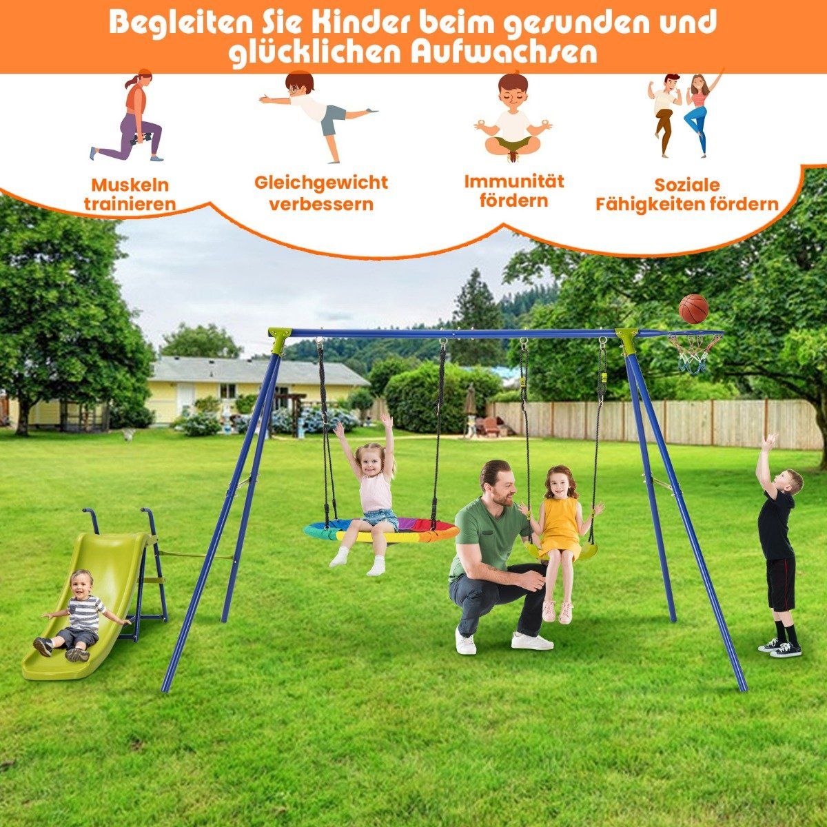 4-in-1 swing set for 3-12 year olds. Robust metal playset with slide