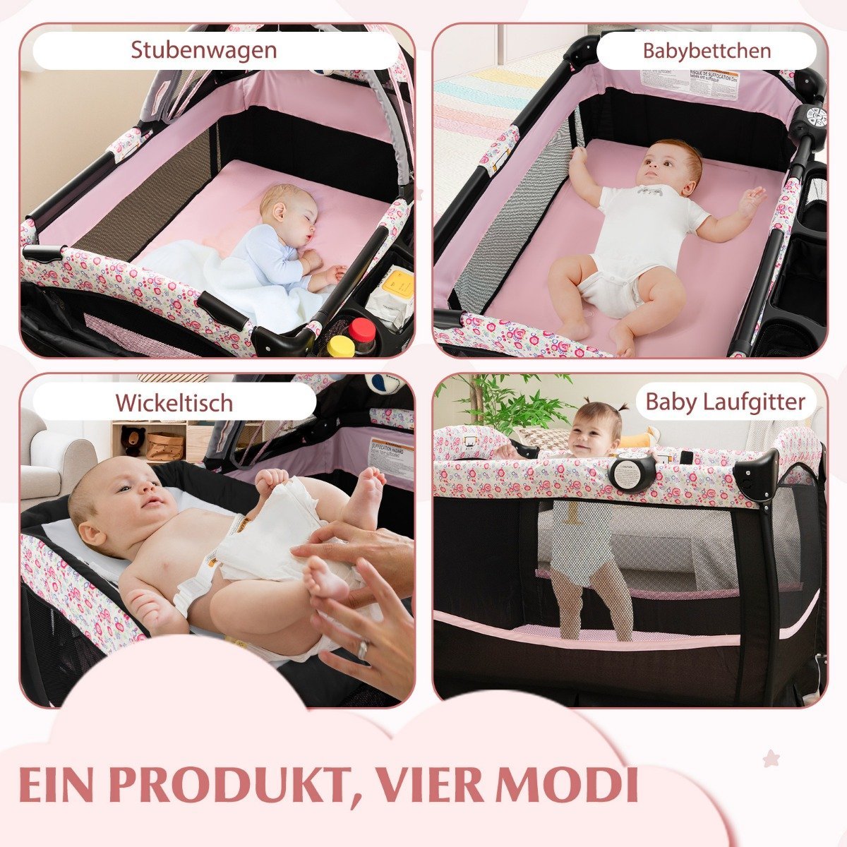 4 in 1 travel cot with mattress folding side bed with adjustable canopy pink flowers