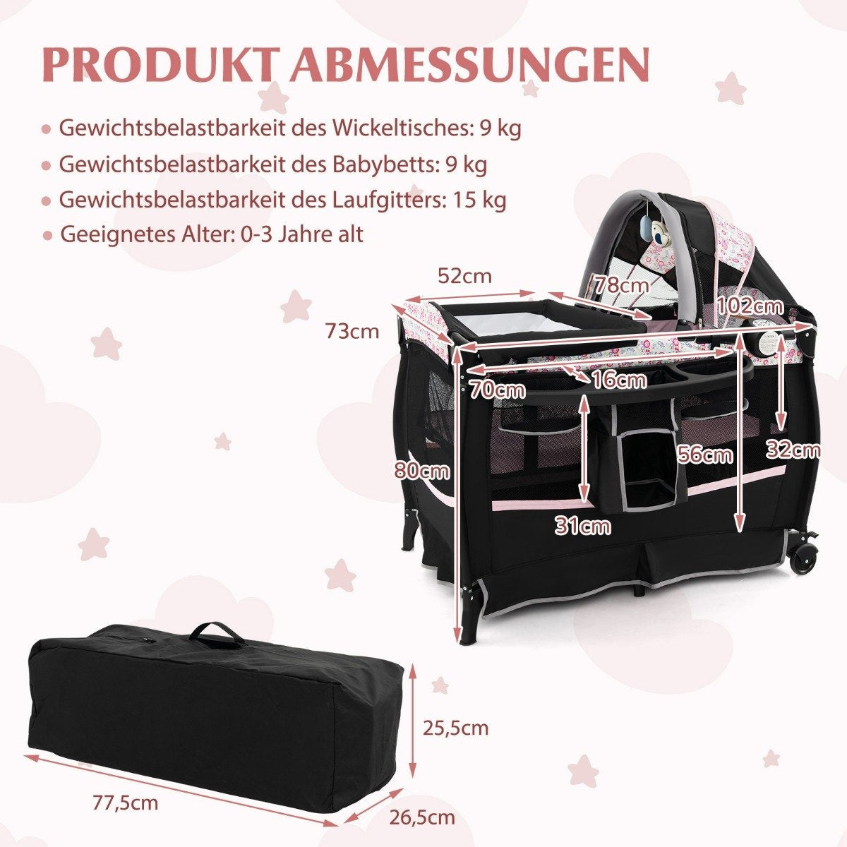 4 in 1 travel cot with mattress folding side bed with adjustable canopy pink flowers