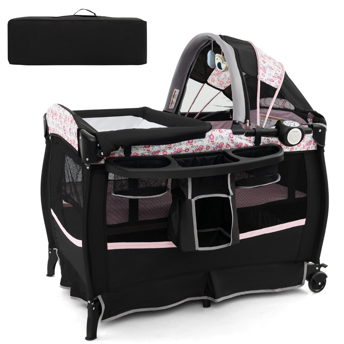 4 in 1 travel cot with mattress folding side bed with adjustable canopy pink flowers