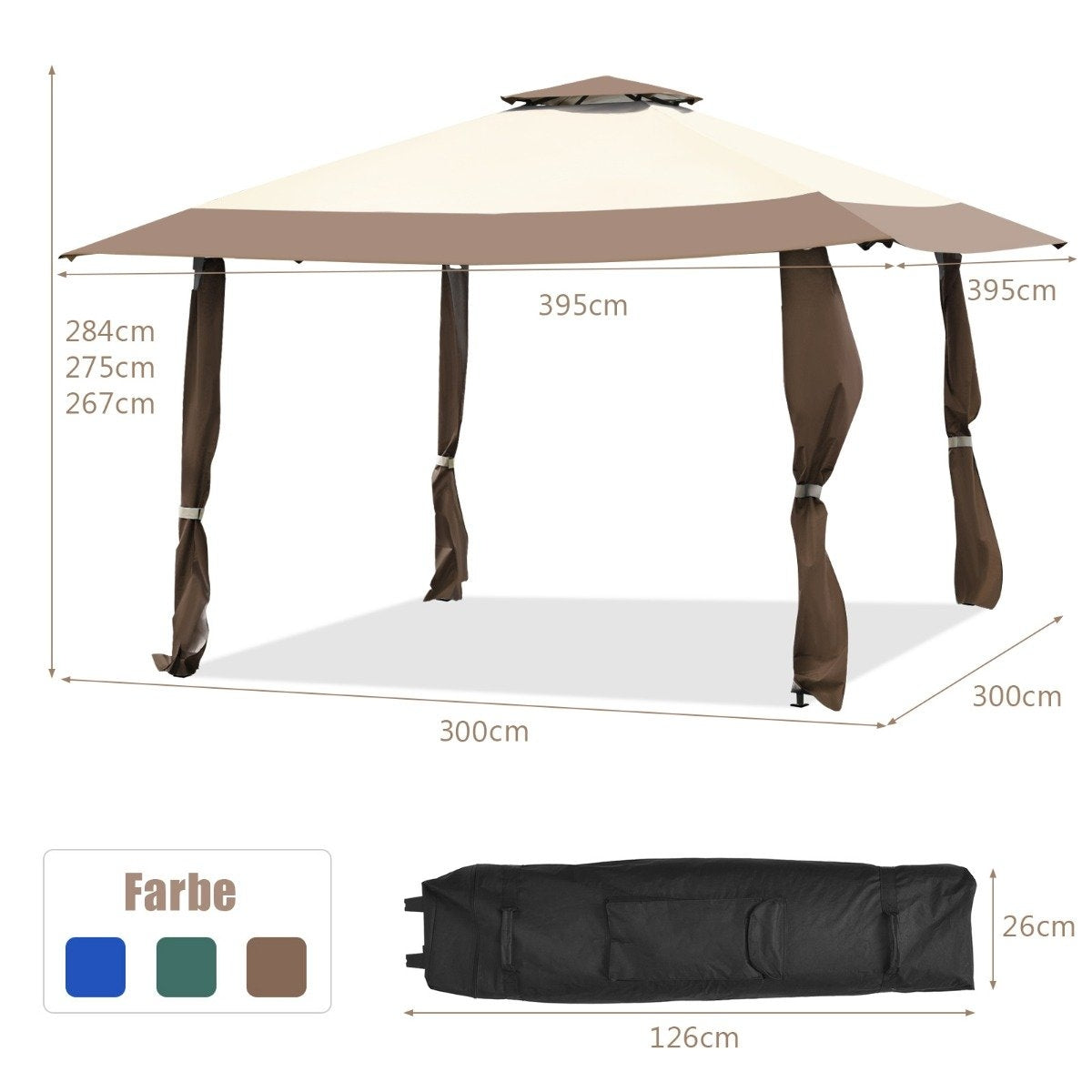 4 m x 4 m large event tent shade with 2-story roof brown