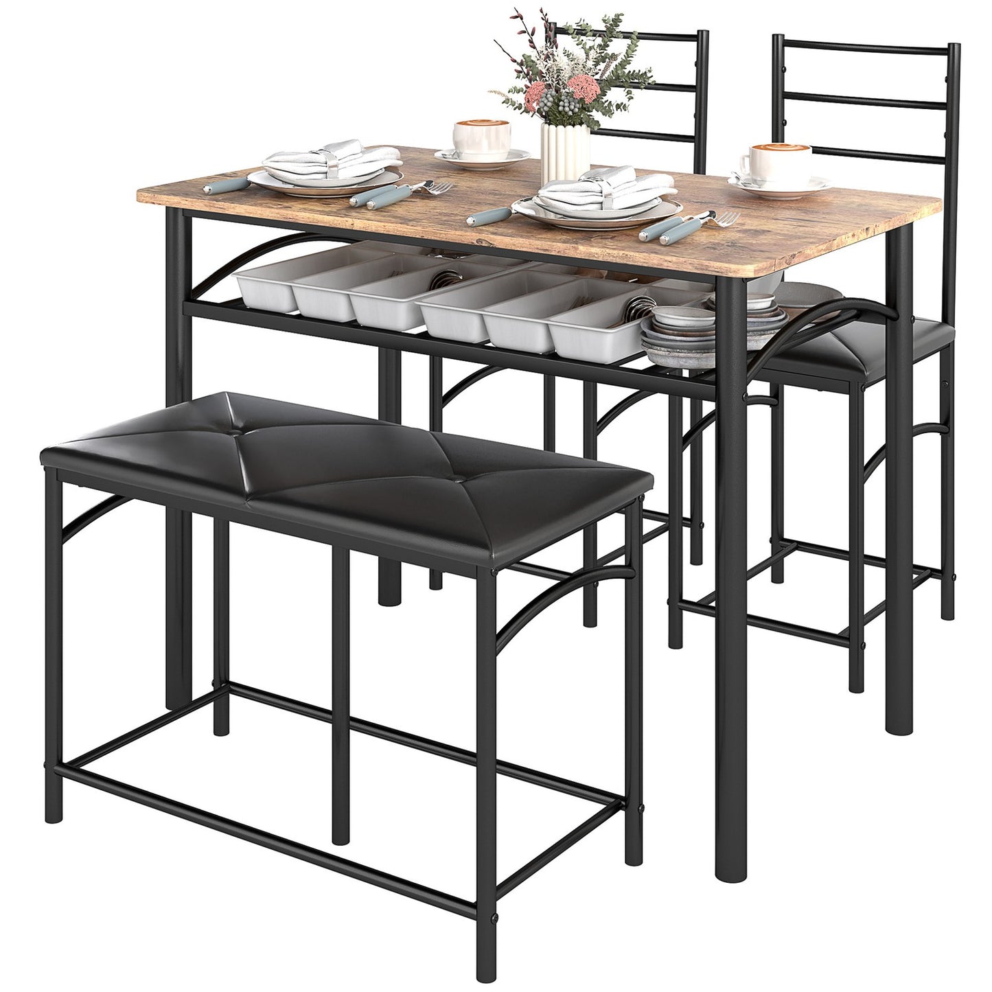 Dining room set, table with 2 chairs & bench, space saving