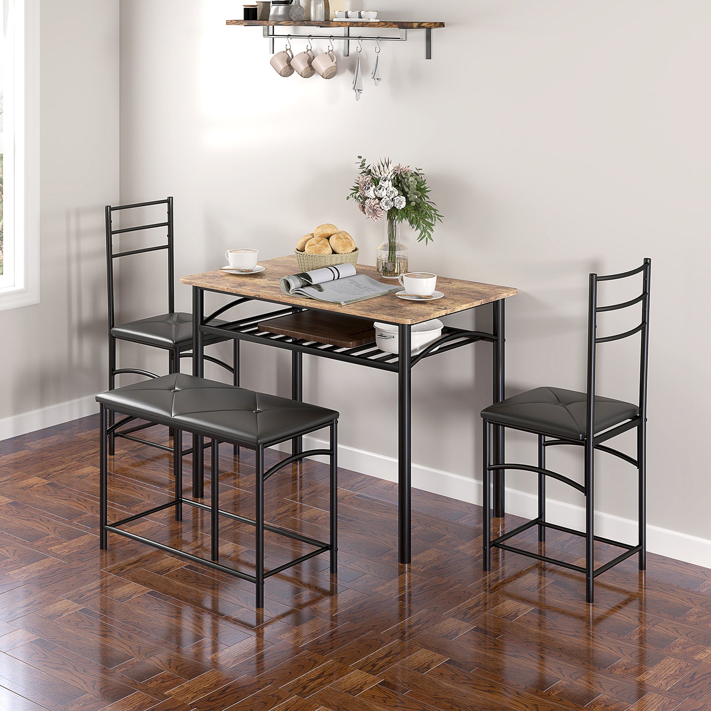 Dining room set, table with 2 chairs & bench, space saving