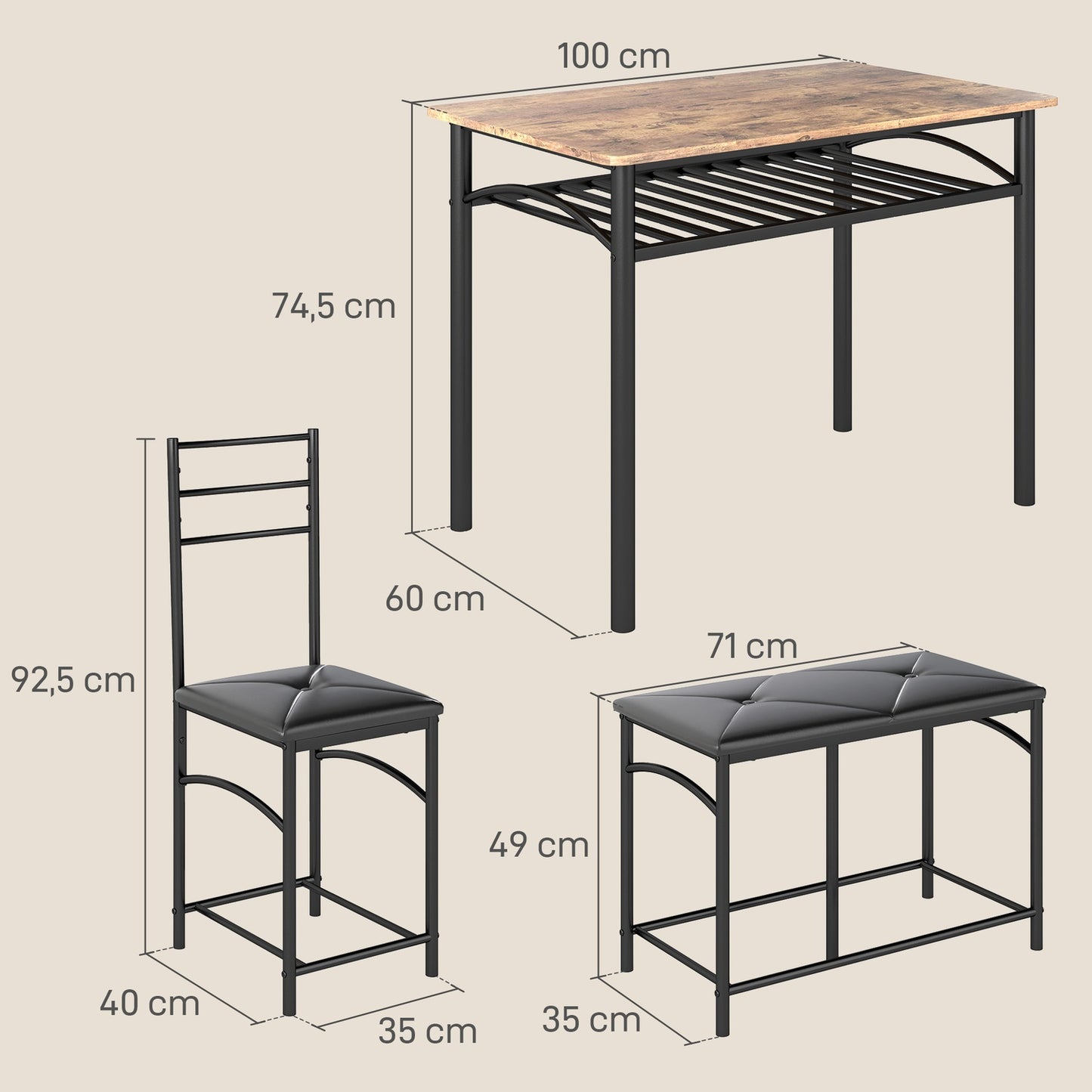 Dining room set, table with 2 chairs & bench, space saving