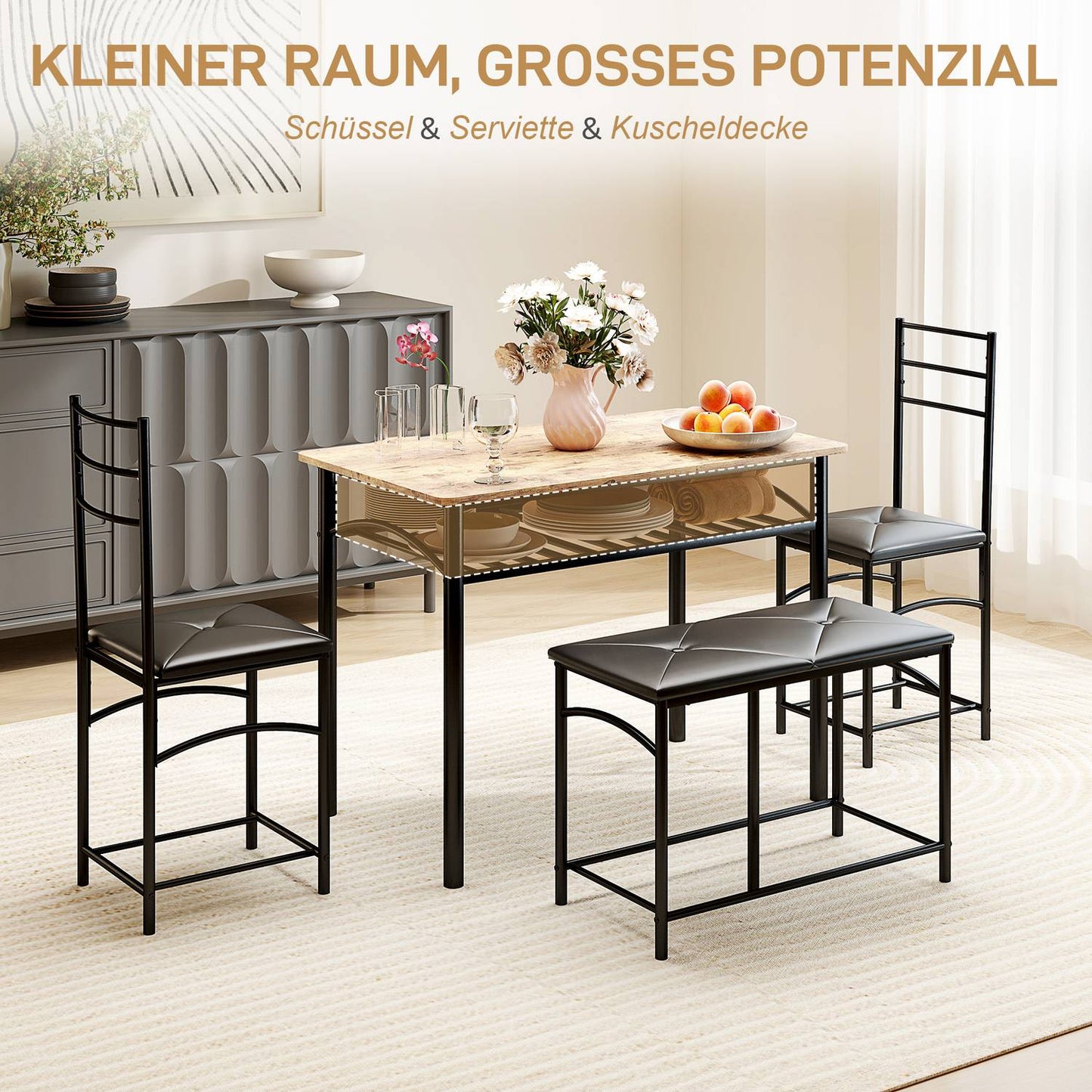 Dining room set, table with 2 chairs & bench, space saving