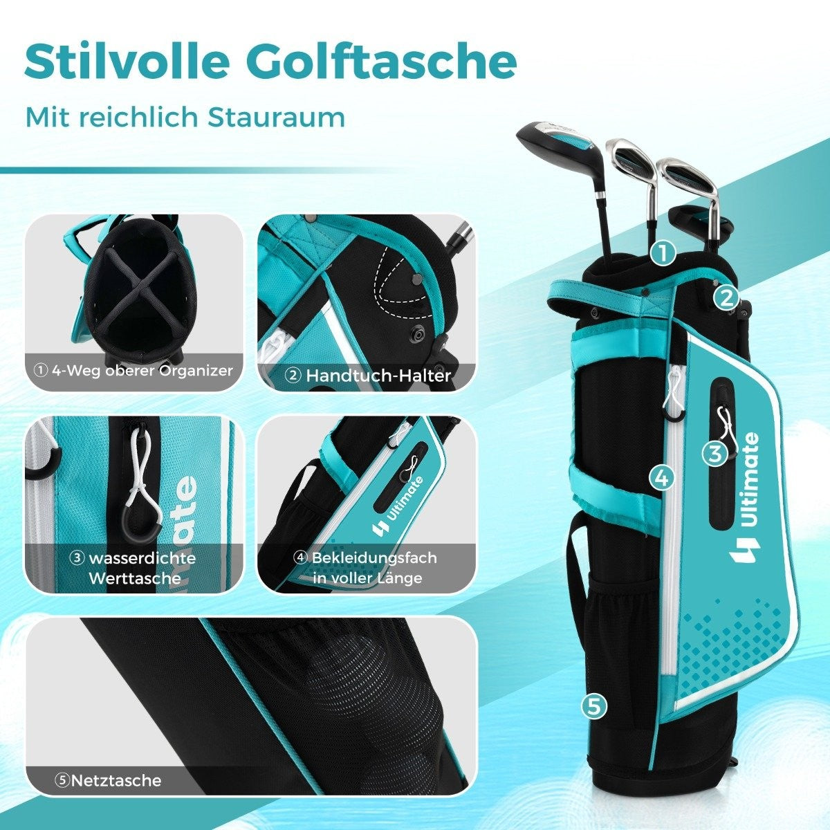 4-piece children's golf club set with golf bag and rain cover for children aged 5-7 years blue
