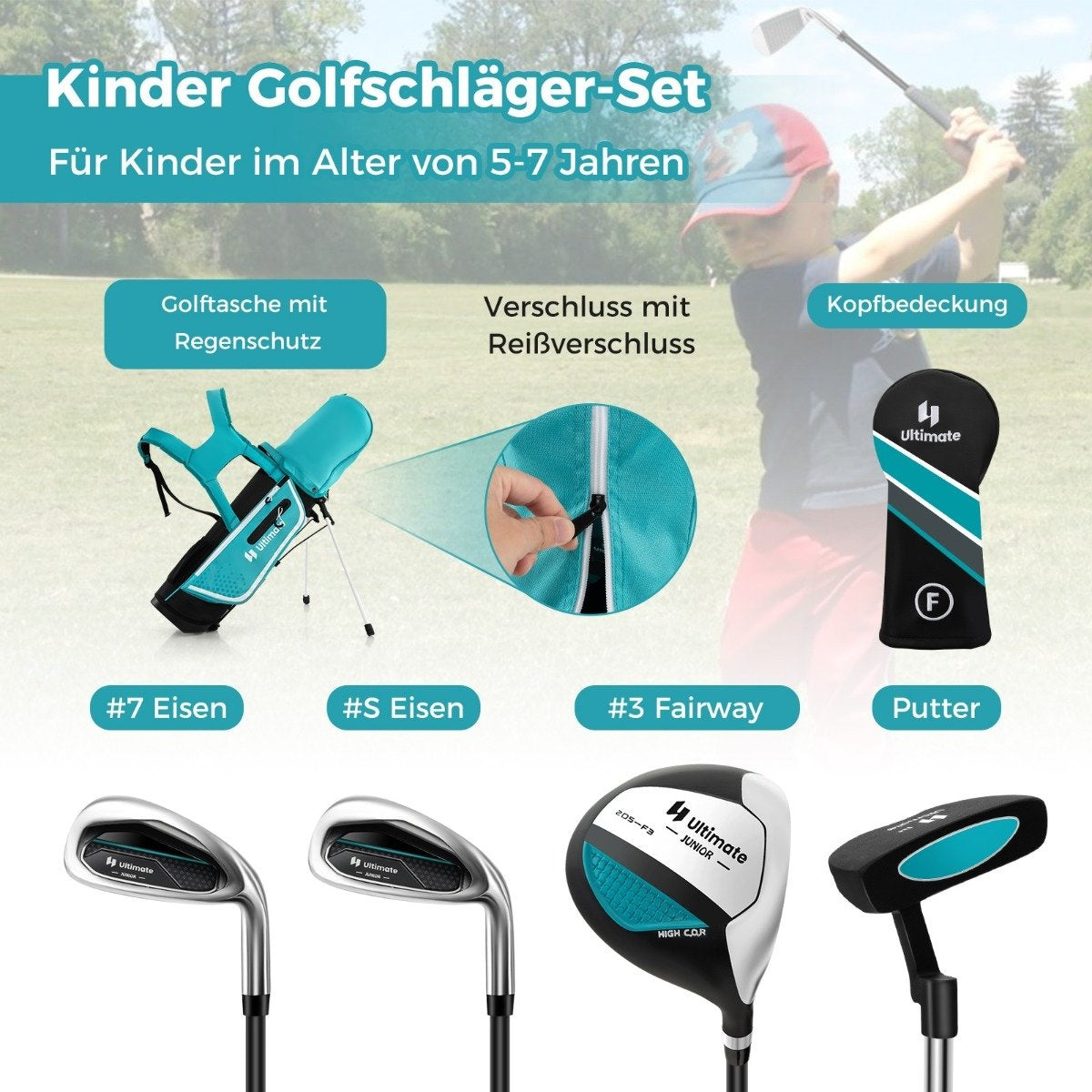 4-piece children's golf club set with golf bag and rain cover for children aged 5-7 years blue