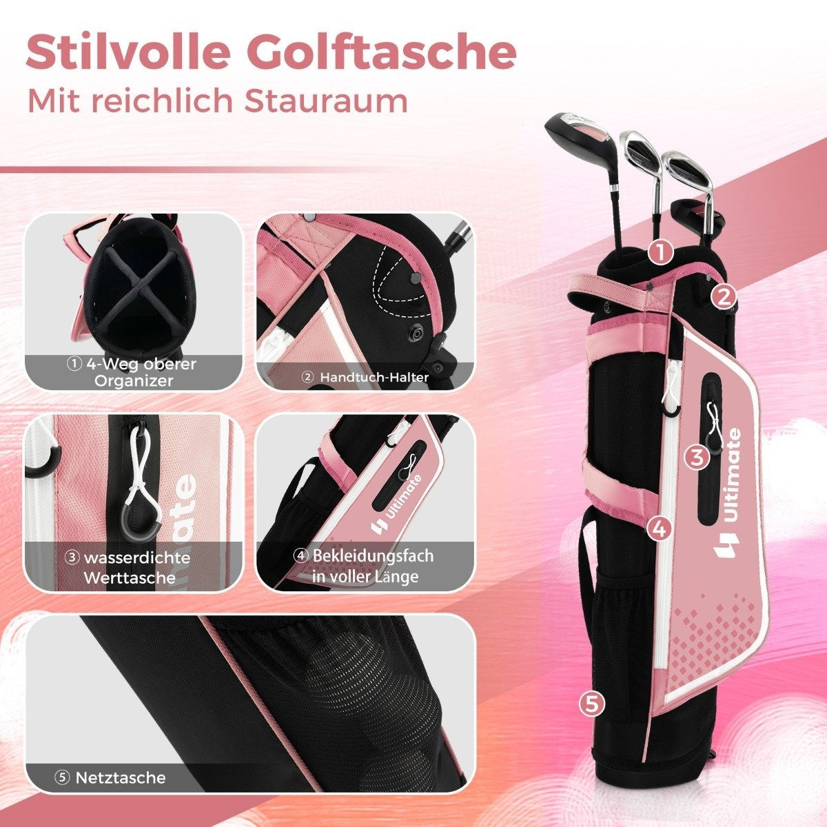 4-piece children's golf club set with golf bag and rain cover for children aged 8-10 years, pink