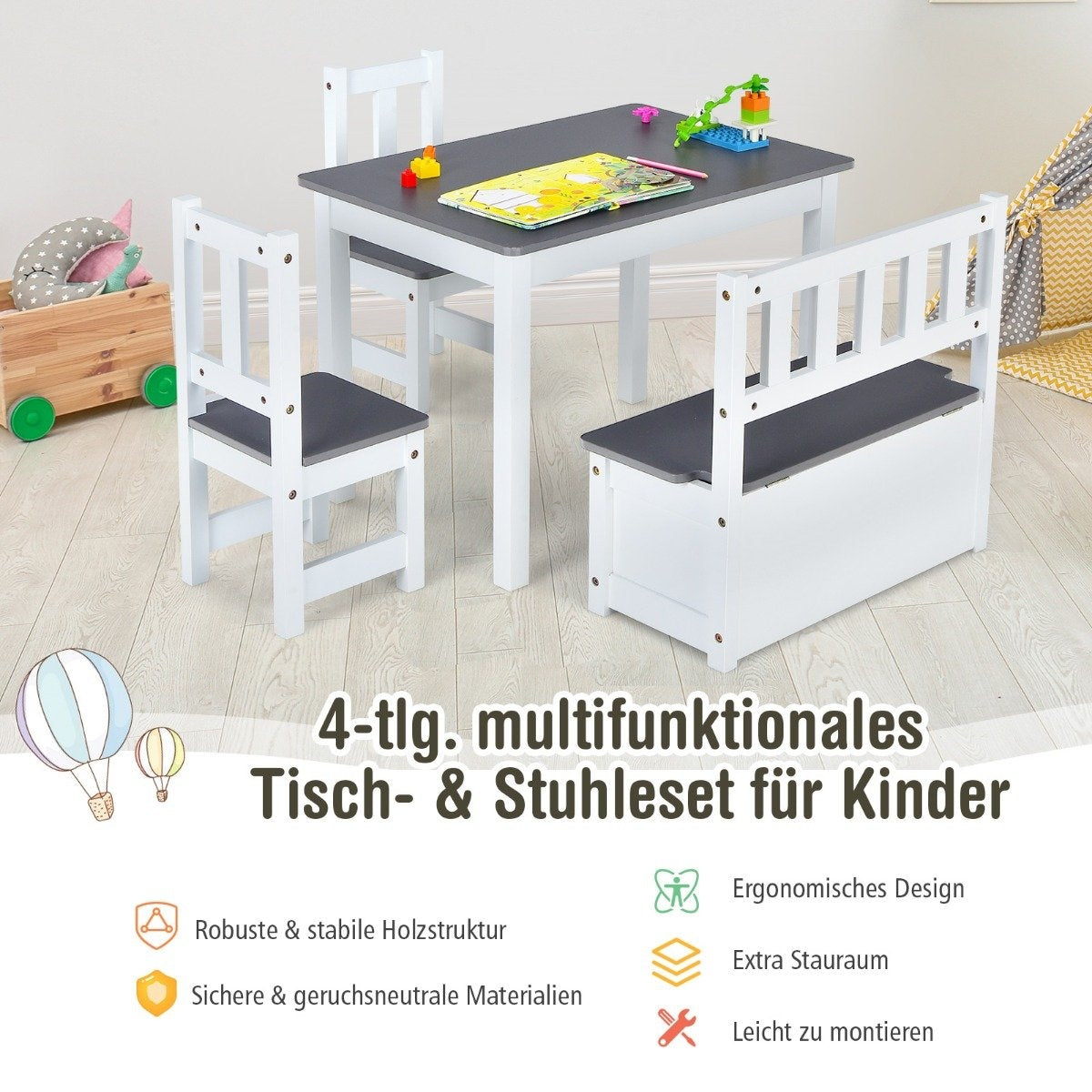 4-piece children's seating group wooden seating group children's children's table group gray + white