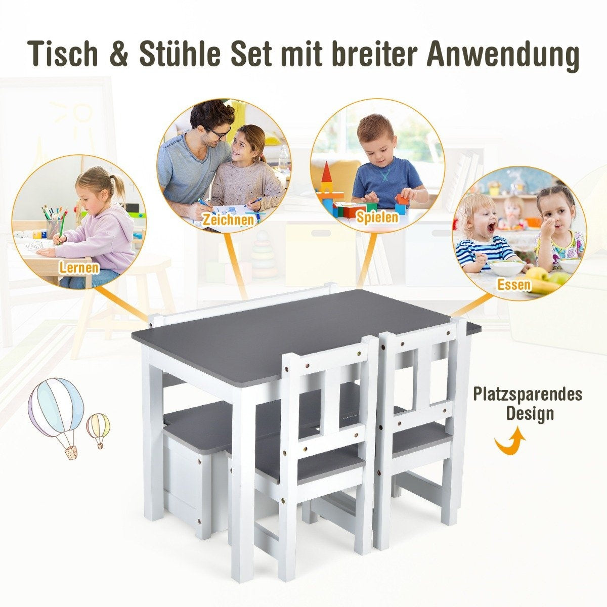 4-piece children's seating group wooden seating group children's children's table group gray + white