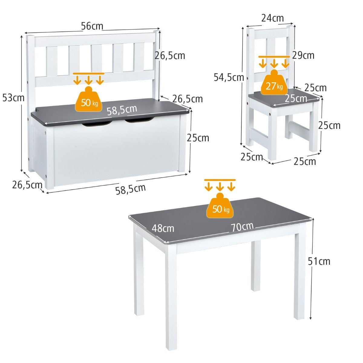 4-piece children's seating group wooden seating group children's children's table group gray + white