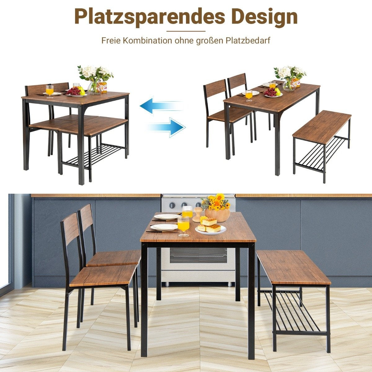 4-piece dining table and chair set with 2 chairs & 1 bench seating set brown