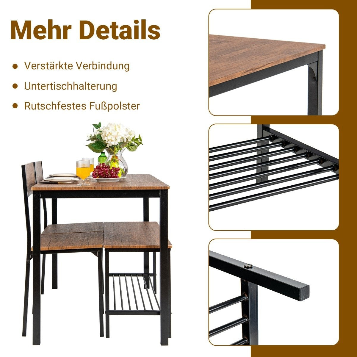 4-piece dining table and chair set with 2 chairs & 1 bench seating set brown