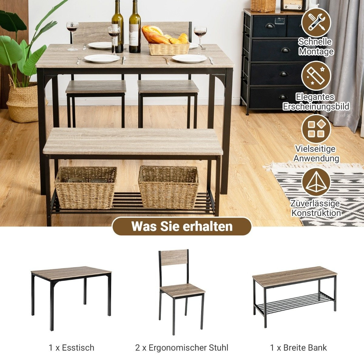 4-piece dining table set kitchen table with 2 chairs & 1 bench & shelf industrial dining group grey