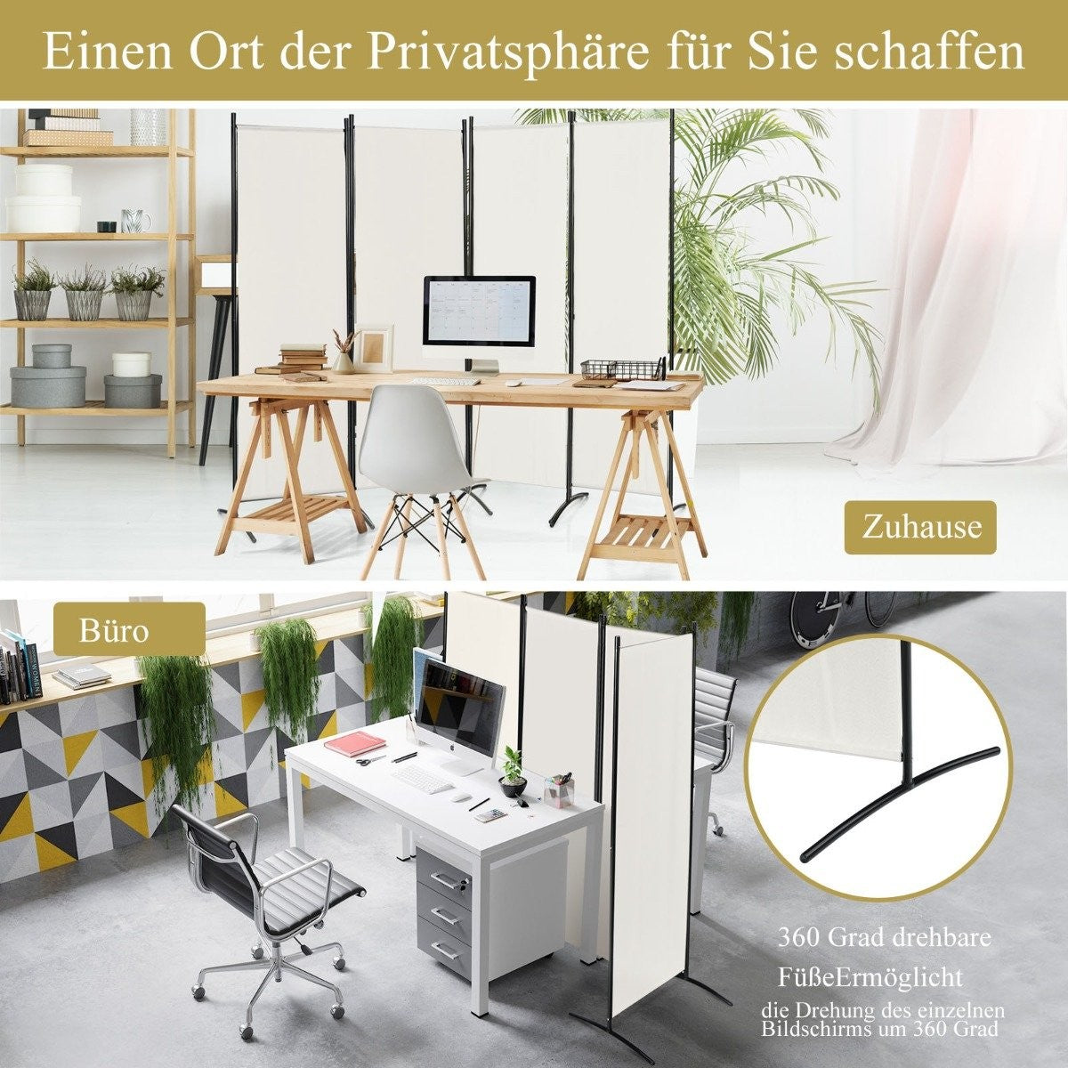 4-piece folding partition privacy screen for home office 220 x 51 x 173 cm white