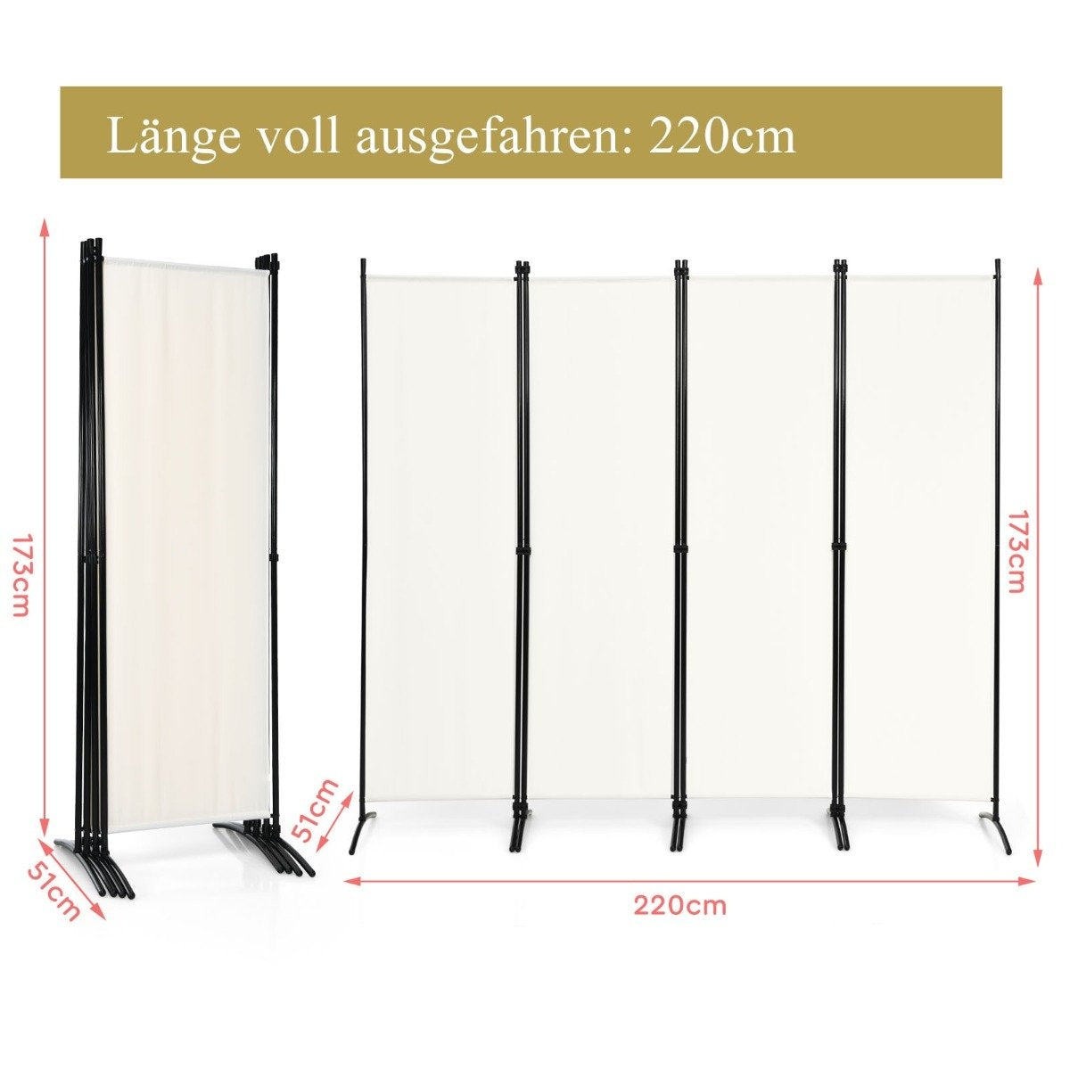4-piece folding partition privacy screen for home office 220 x 51 x 173 cm white