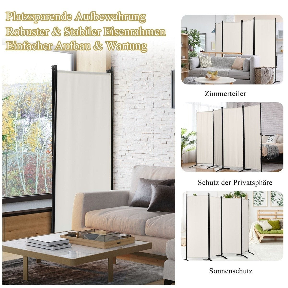 4-piece folding partition privacy screen for home office 220 x 51 x 173 cm white