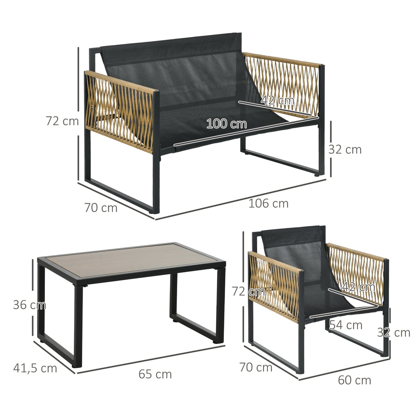 Rattan garden furniture set with cushions - 4-piece set