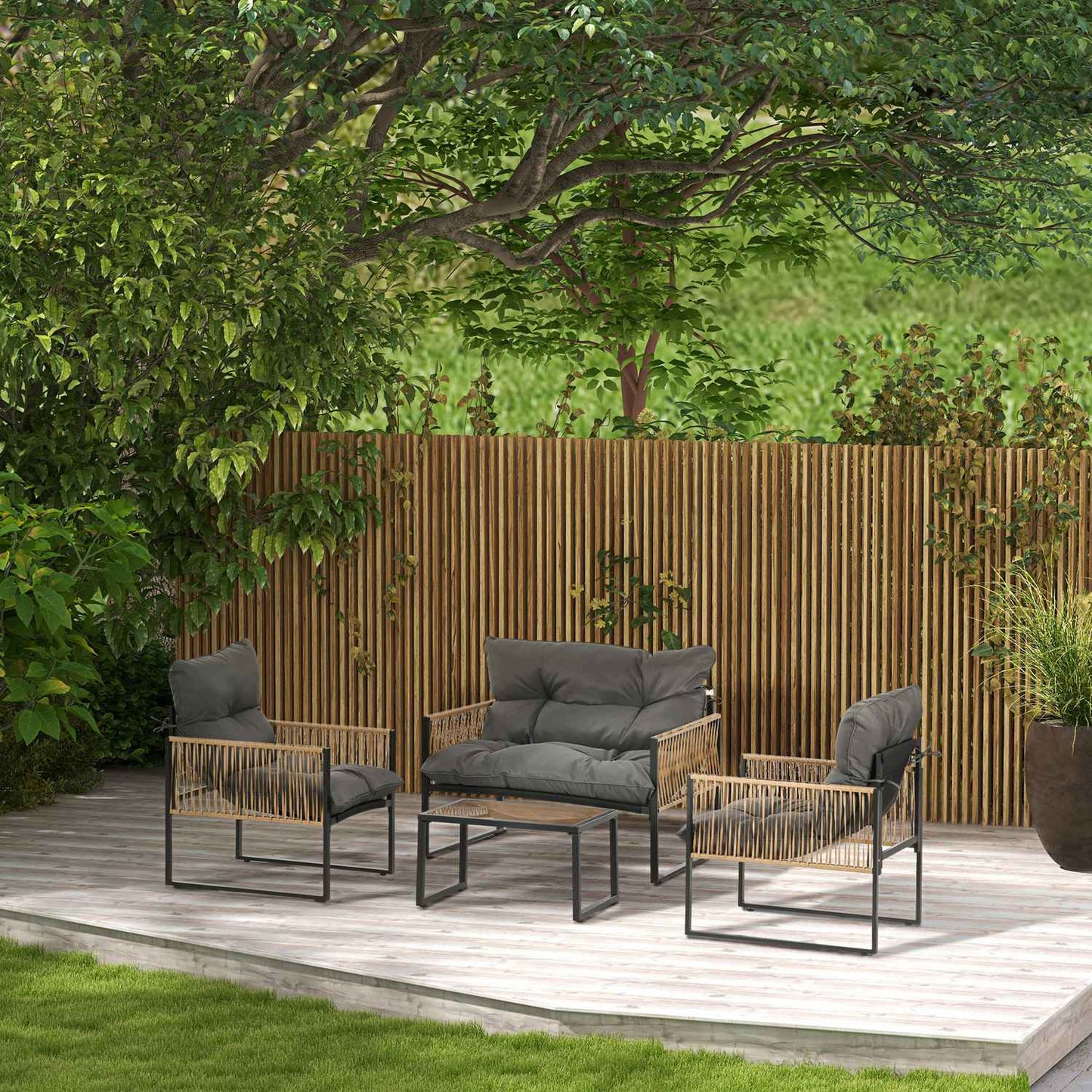 Rattan garden furniture set with cushions - 4-piece set