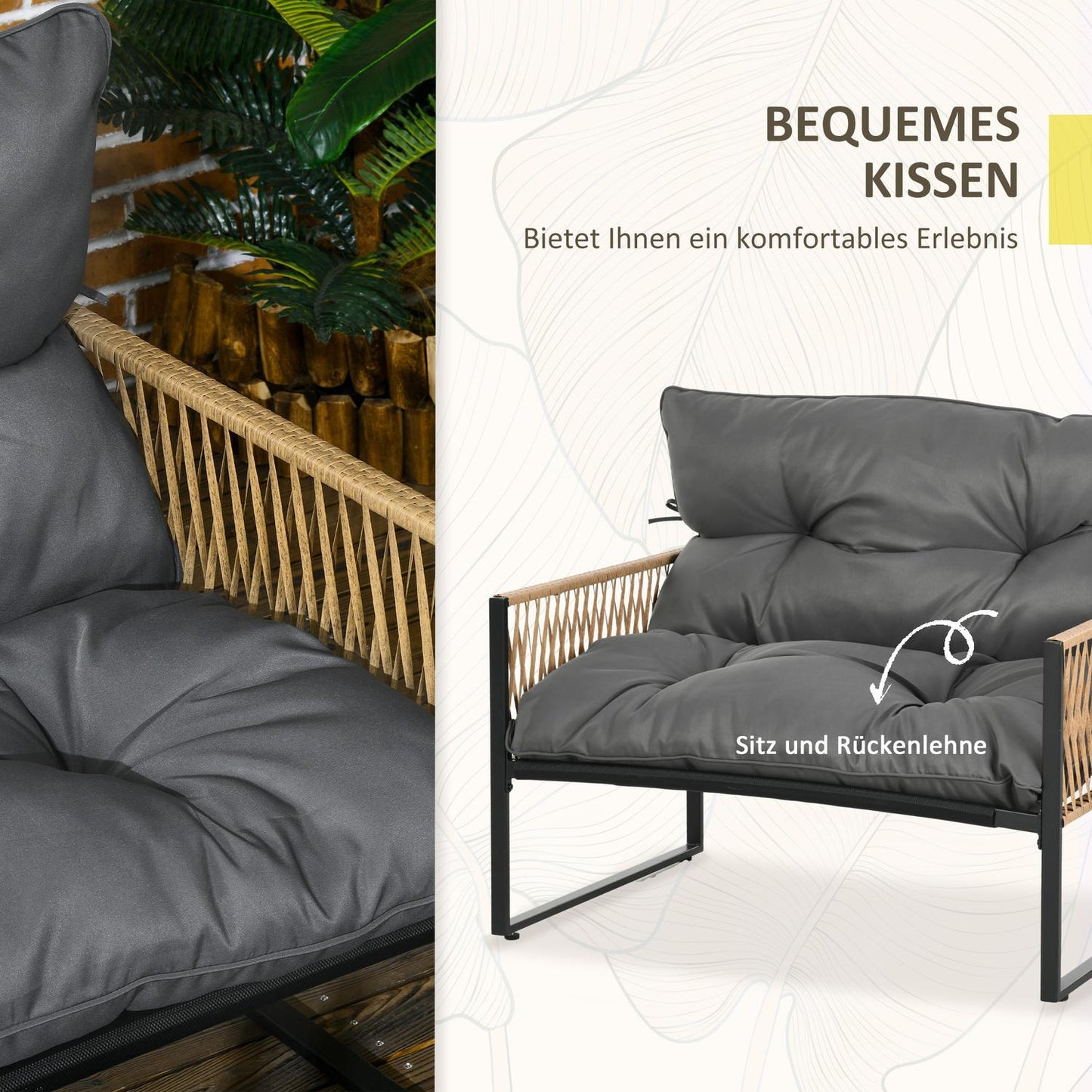 Rattan garden furniture set with cushions - 4-piece set