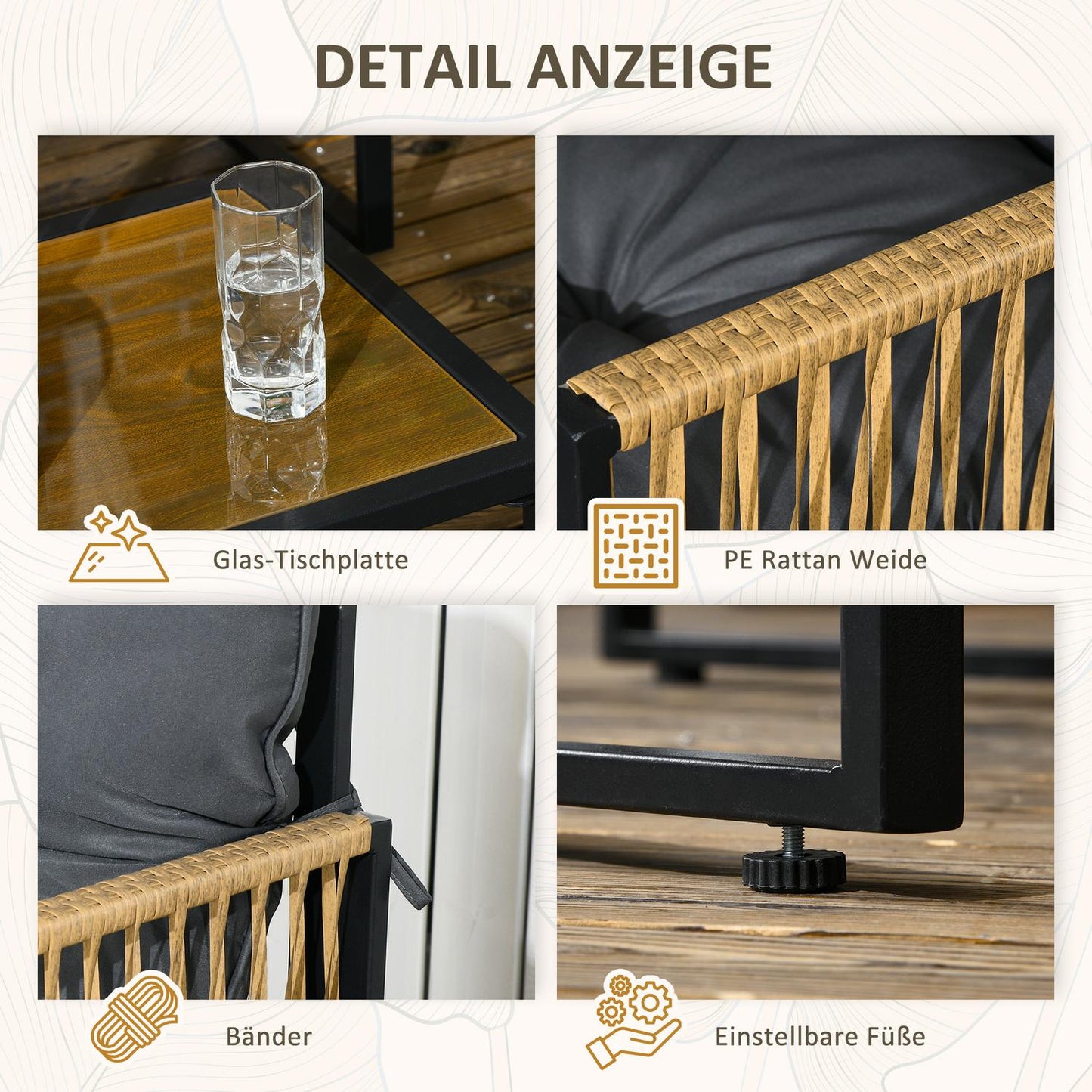 Rattan garden furniture set with cushions - 4-piece set