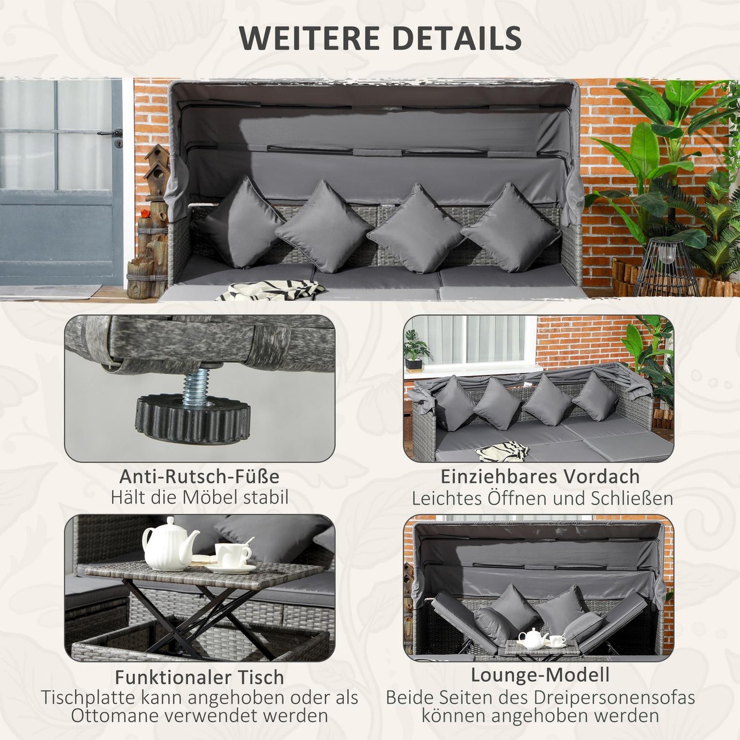 Rattan garden seat with canopy and adjustable table