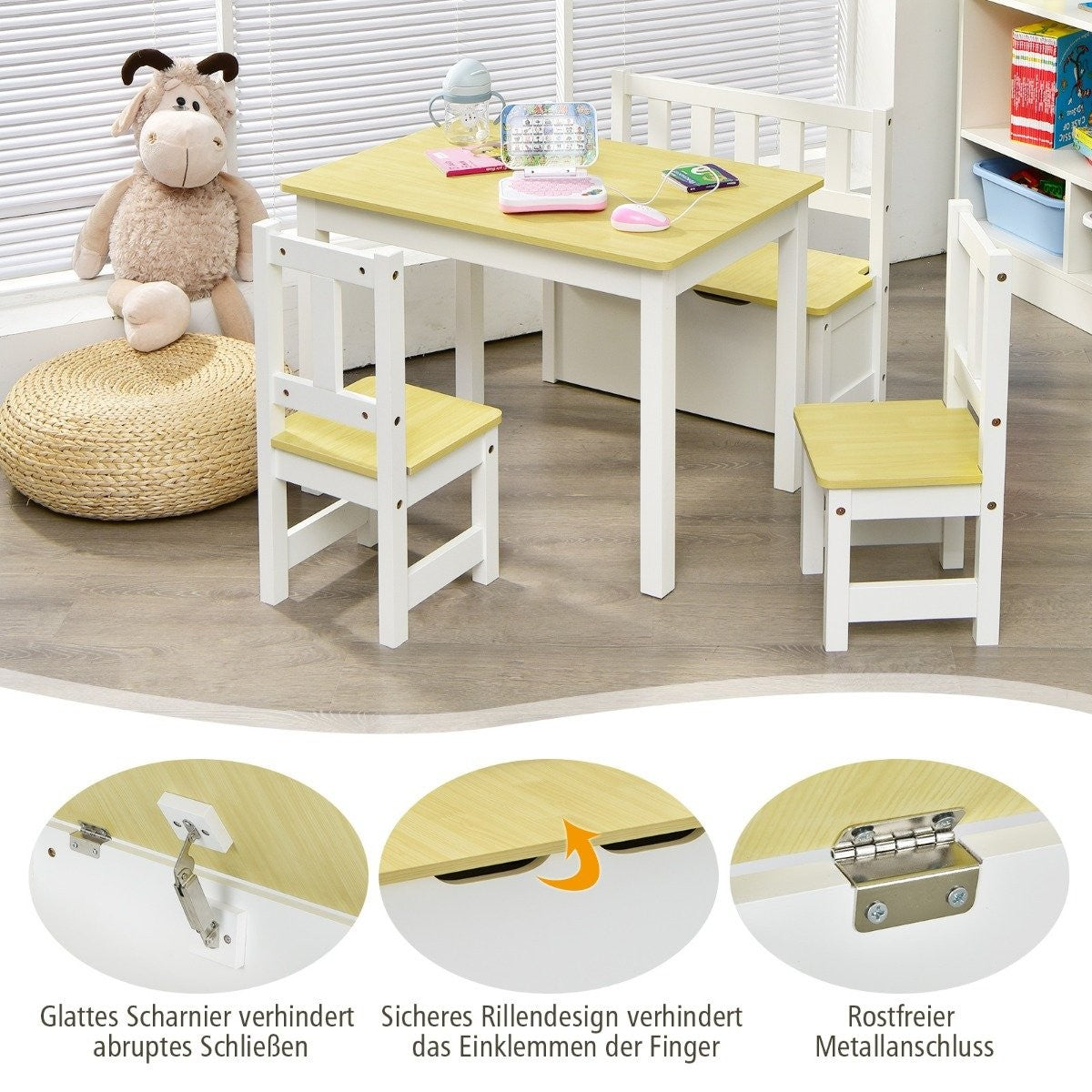 4-piece table and chair set for children 2 in 1 set made of wood for toddlers natural + white