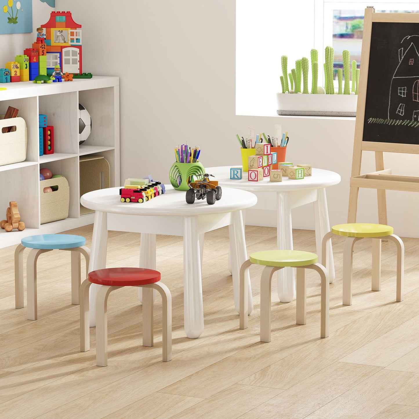 4 stacking stools with felt foot pads, birch plywood, varnished, colored