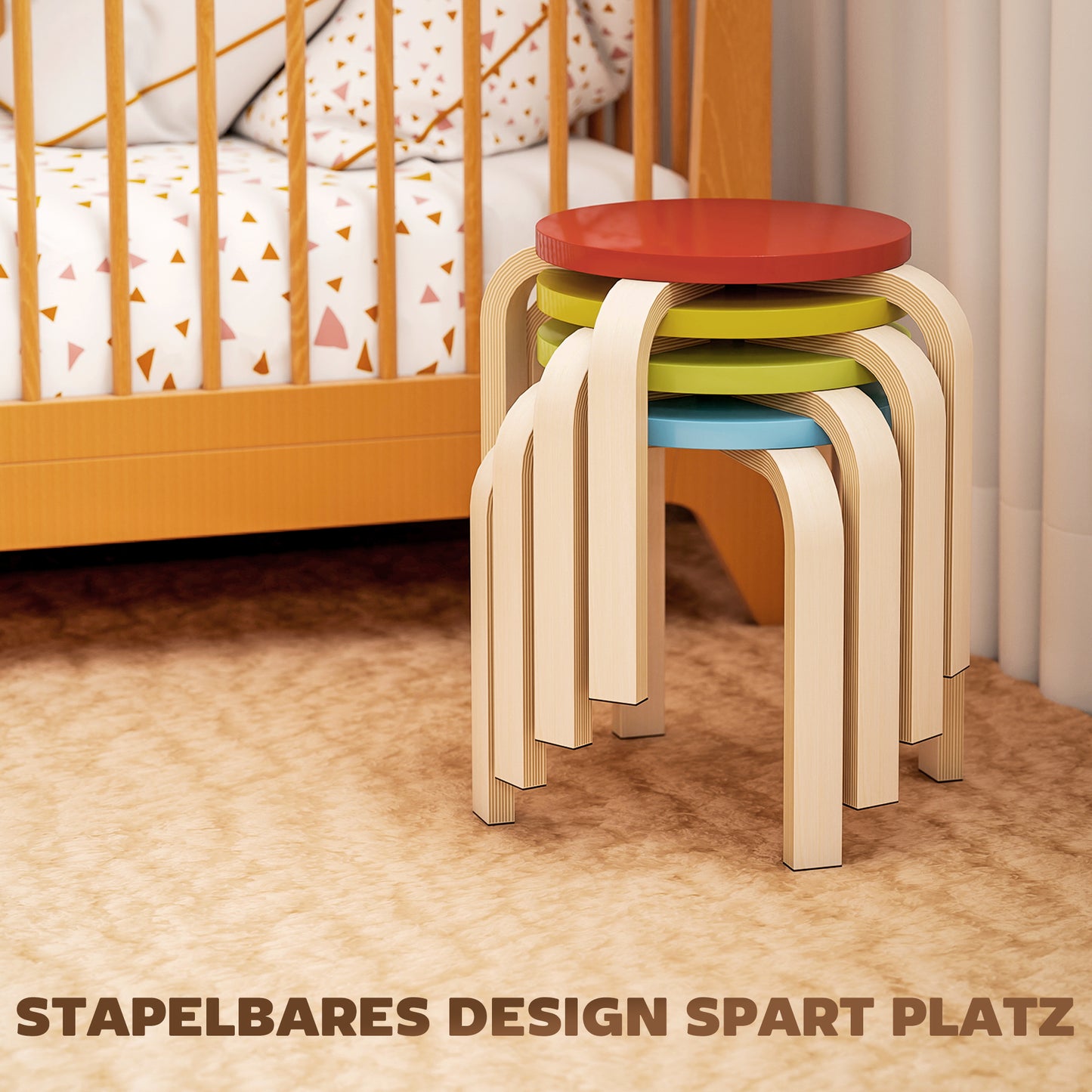 4 stacking stools with felt foot pads, birch plywood, varnished, colored