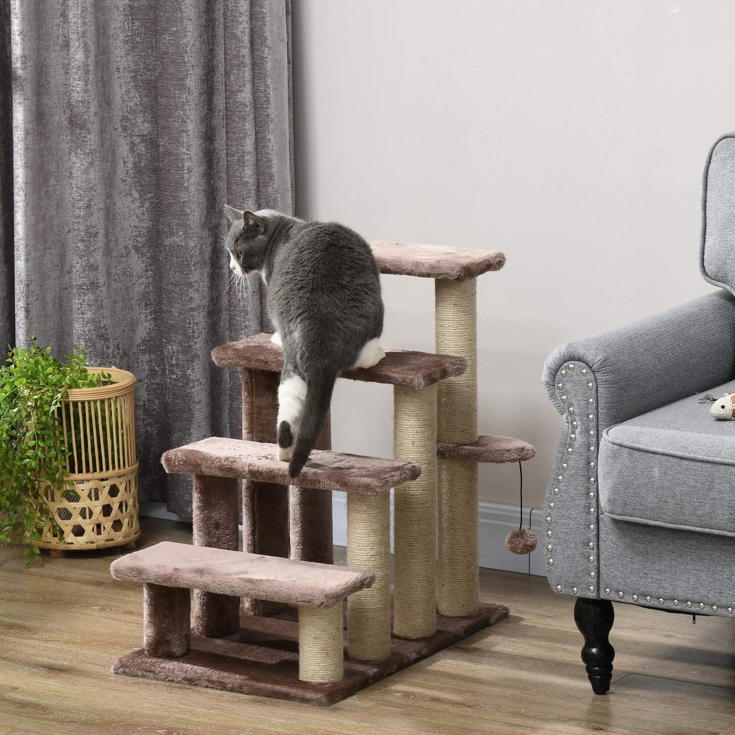 Pet ladder with scratching post, plush, brown, 60x40x64 cm
