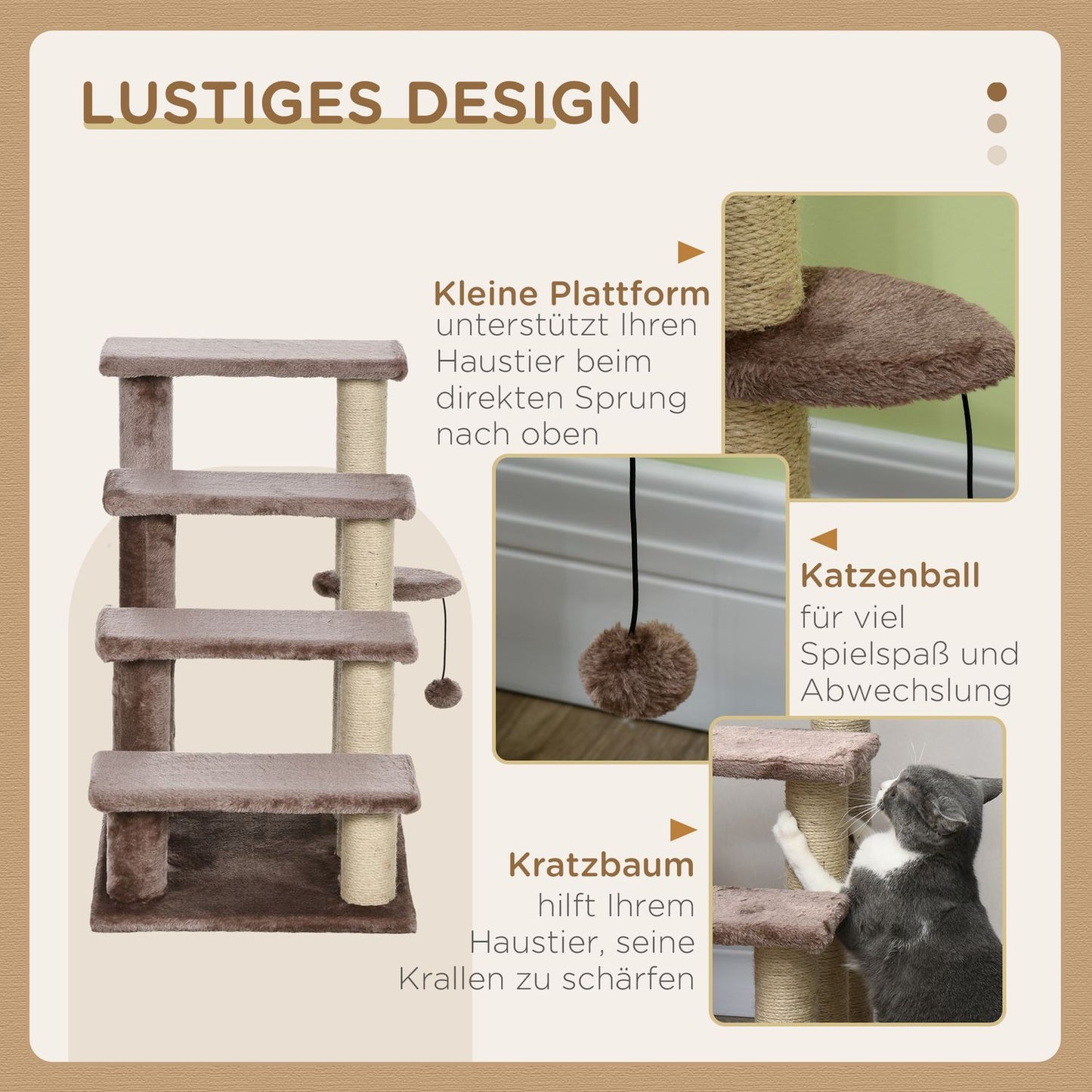 Pet ladder with scratching post, plush, brown, 60x40x64 cm