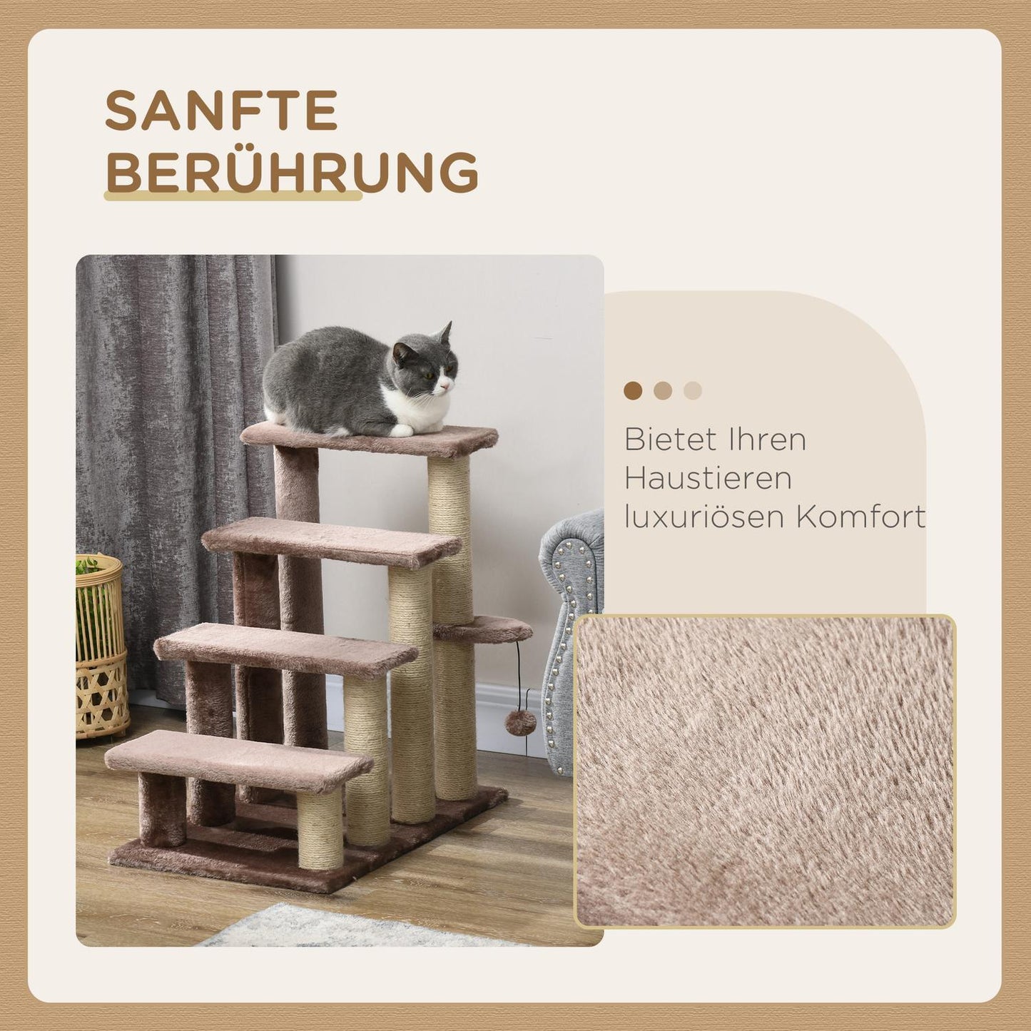 Pet ladder with scratching post, plush, brown, 60x40x64 cm