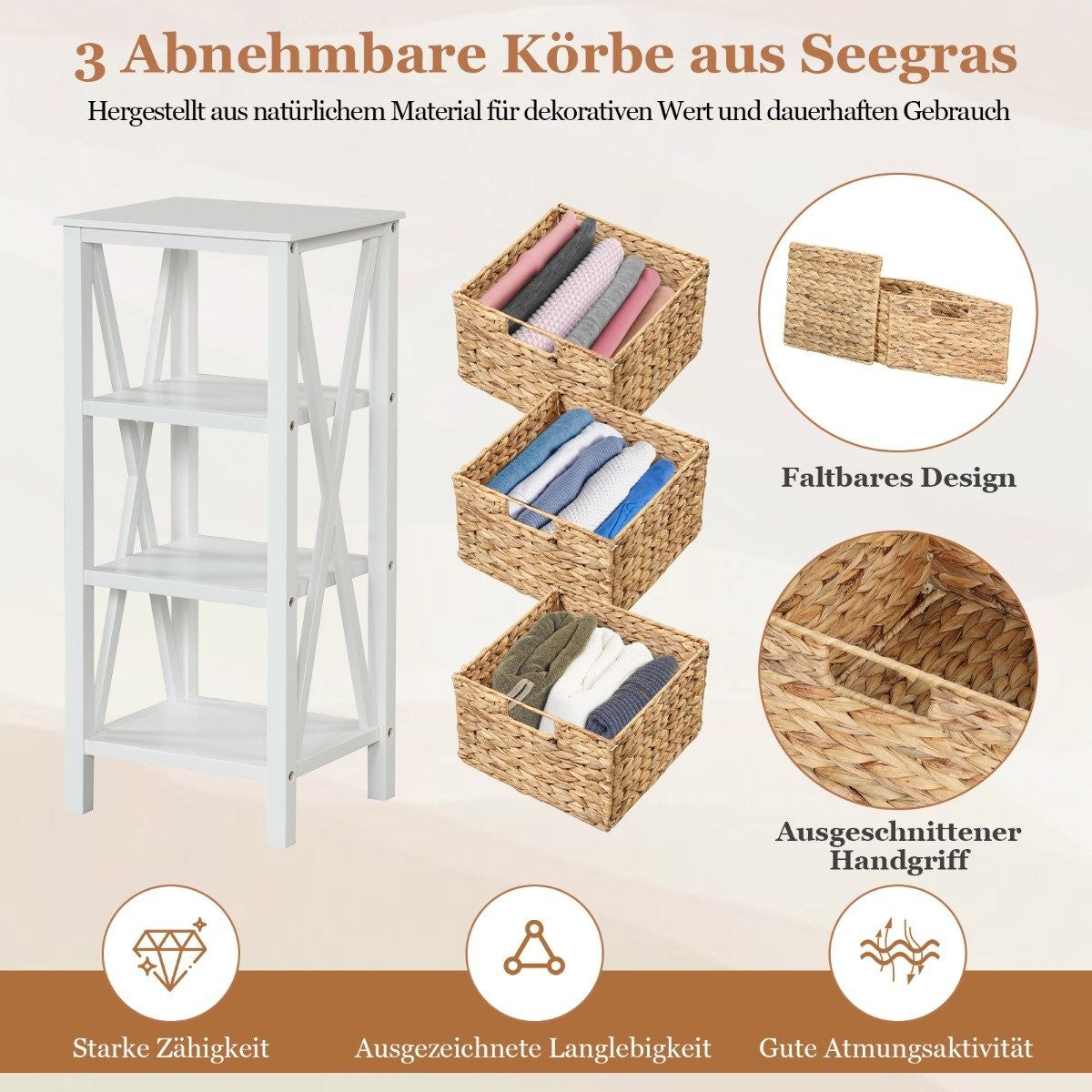 4-tier bedside table with 3 seagrass baskets & X-Design narrow side table 36 x 30 x 80 cm white