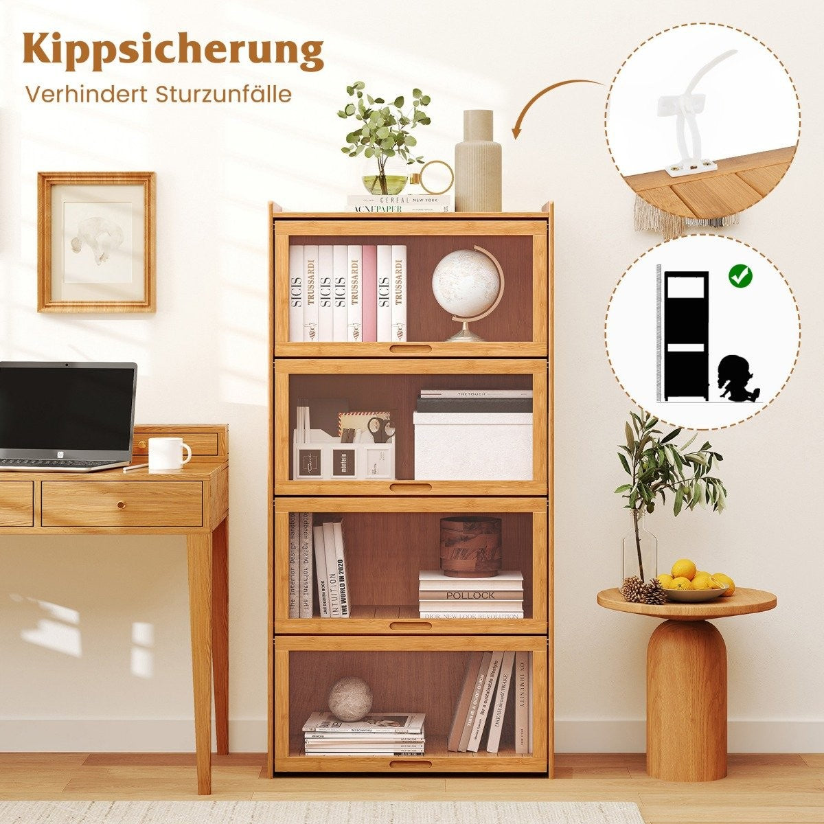 4 tier bookcase with acrylic doors display cabinet made of bamboo 69 x 34 x 140 cm natural