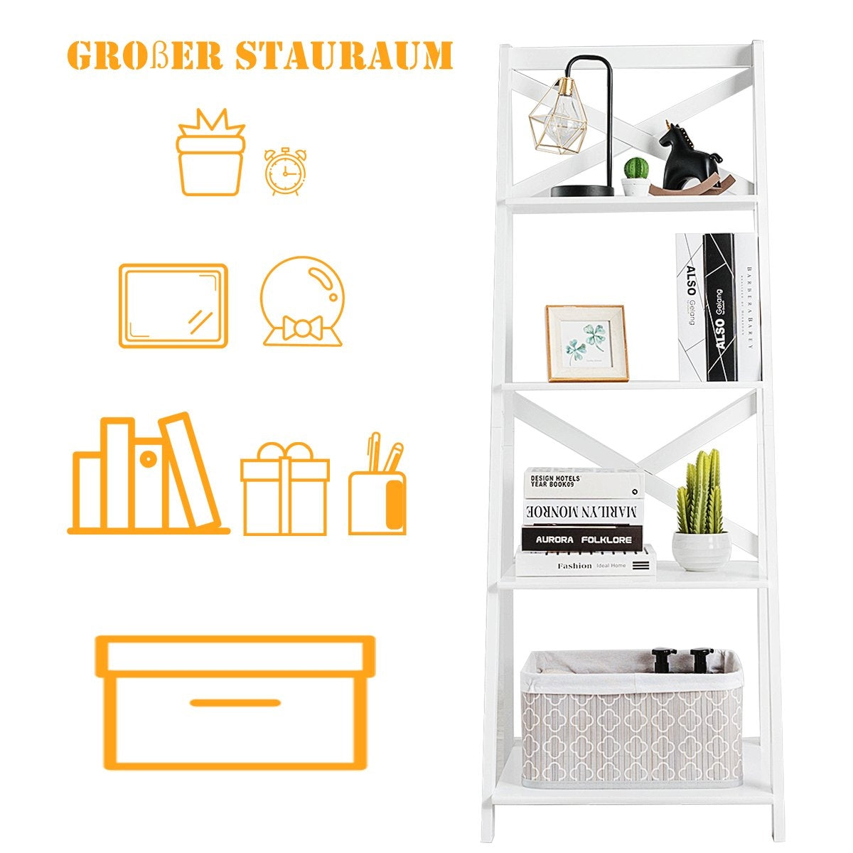 4-tier ladder shelf corner shelf made of wood with crossbar 51 x 46 x 143 cm white