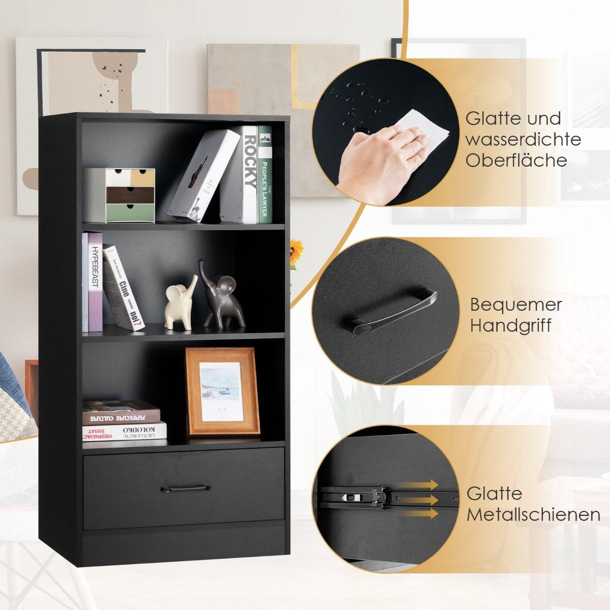 4-tier storage shelf wooden shelf with drawer bookcase 60 x 38 x 120 cm black
