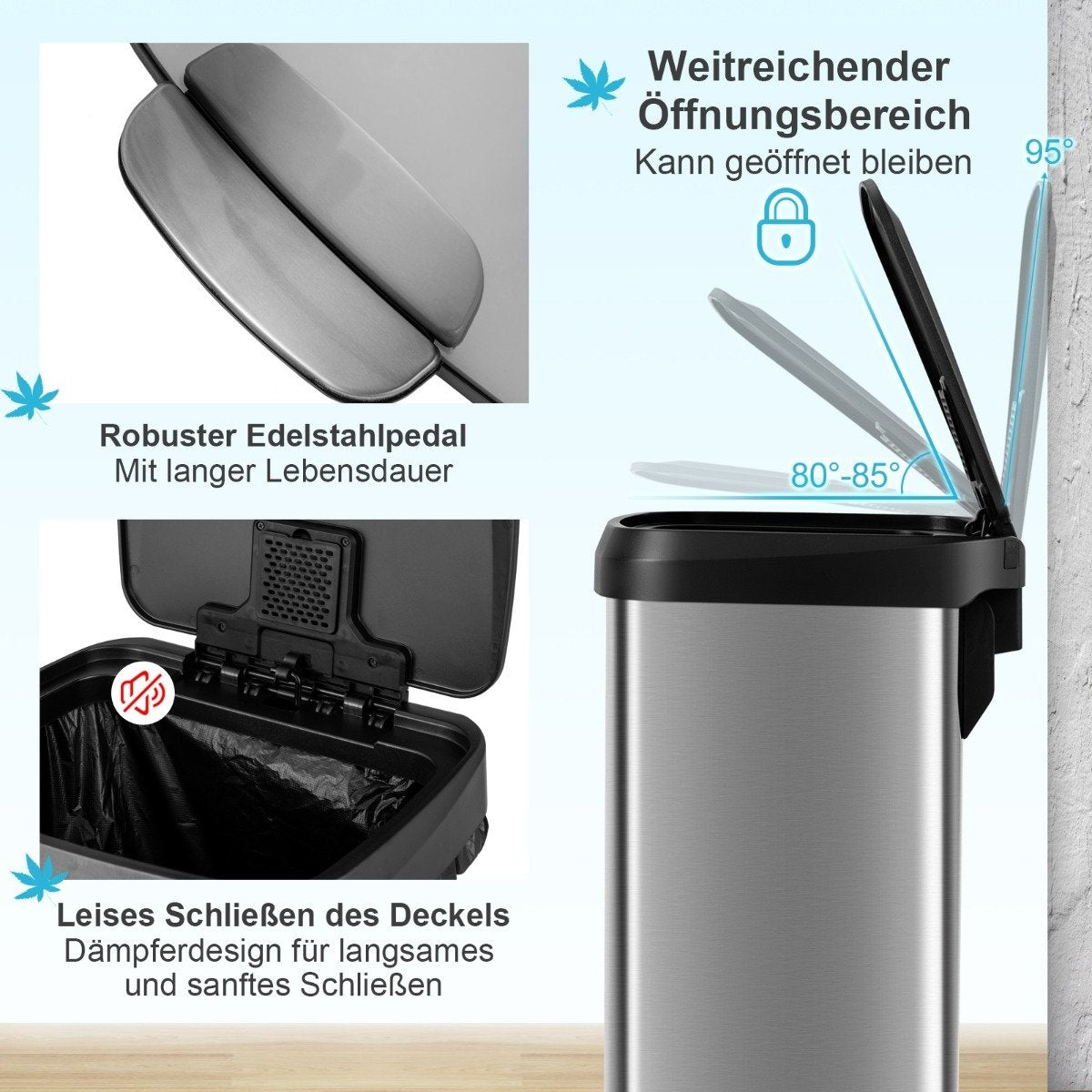 50L Kitchen Trash Can with Soft Closing Lid & Deodorization Compartment Waste Bin Silver