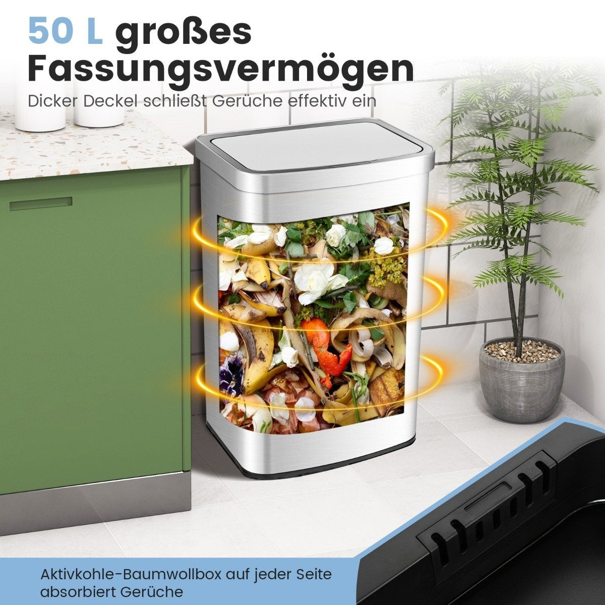 50L Sensor Trash Can, Stainless Steel, Odor Control