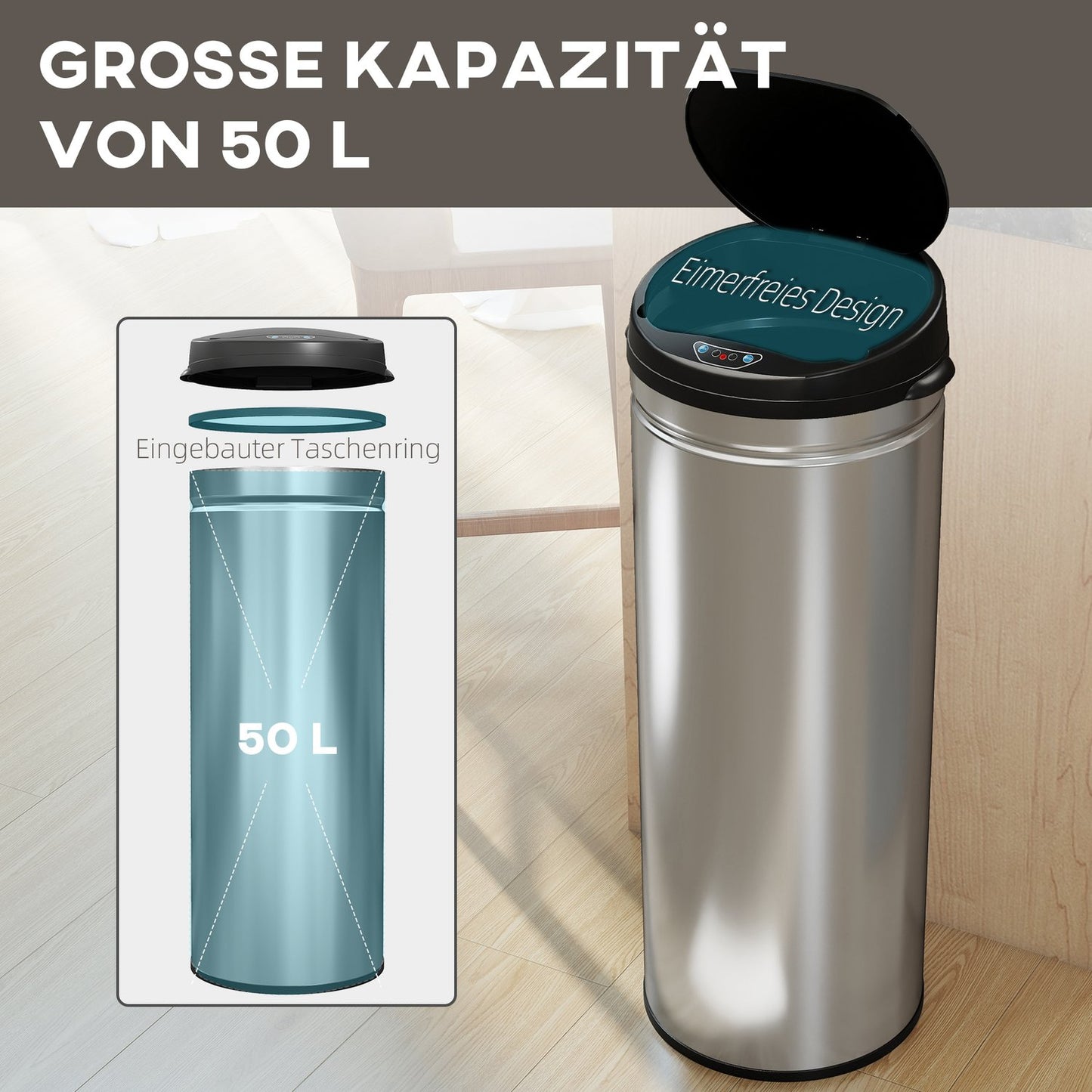 50L Stainless Steel Sensor Bin, Soft-Close, Touchless