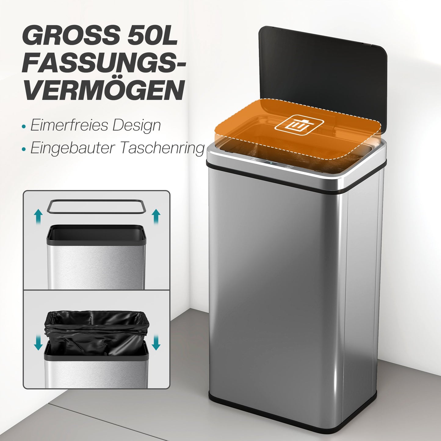 50L Touchless Sensor Trash Can, Stainless Steel