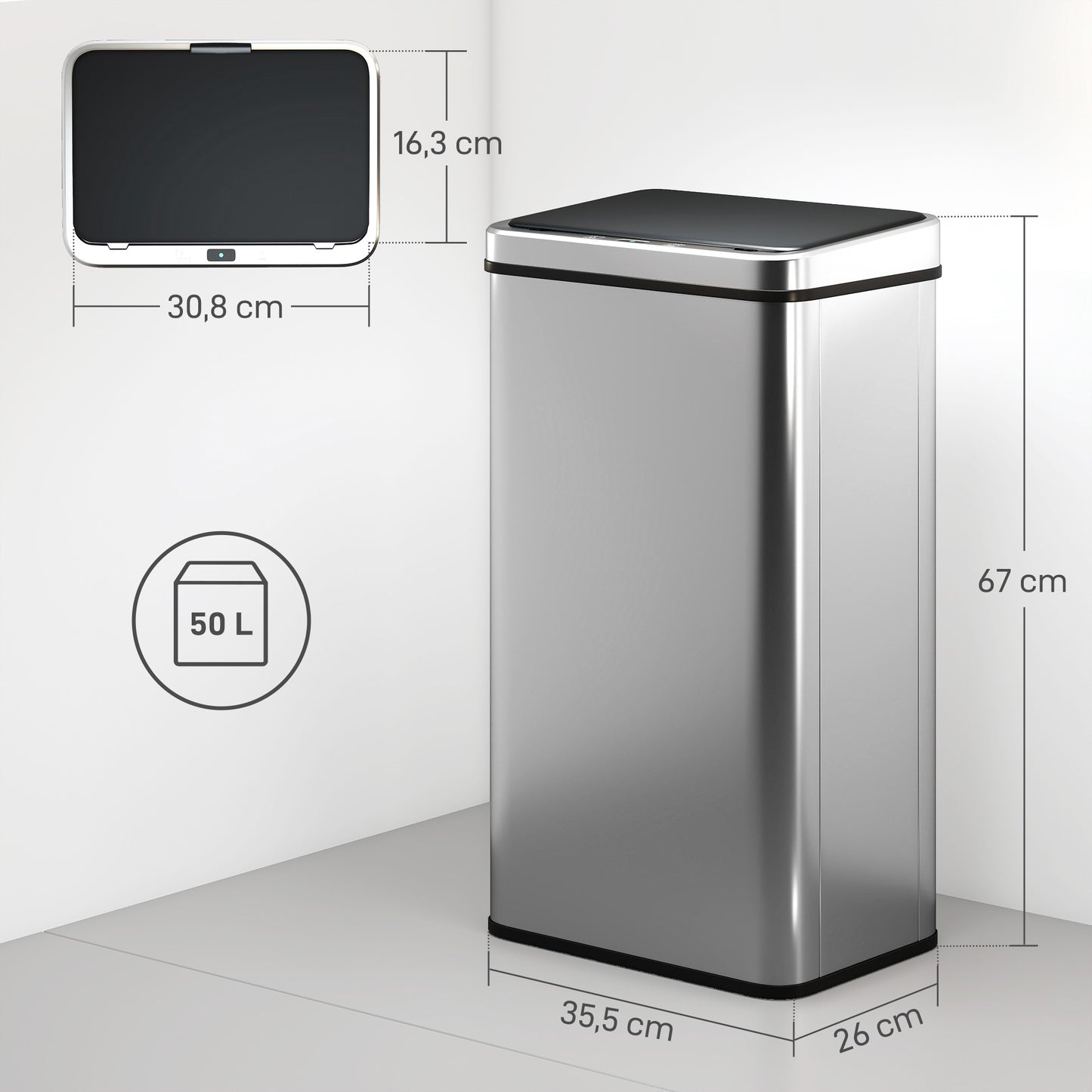 50L Touchless Sensor Trash Can, Stainless Steel